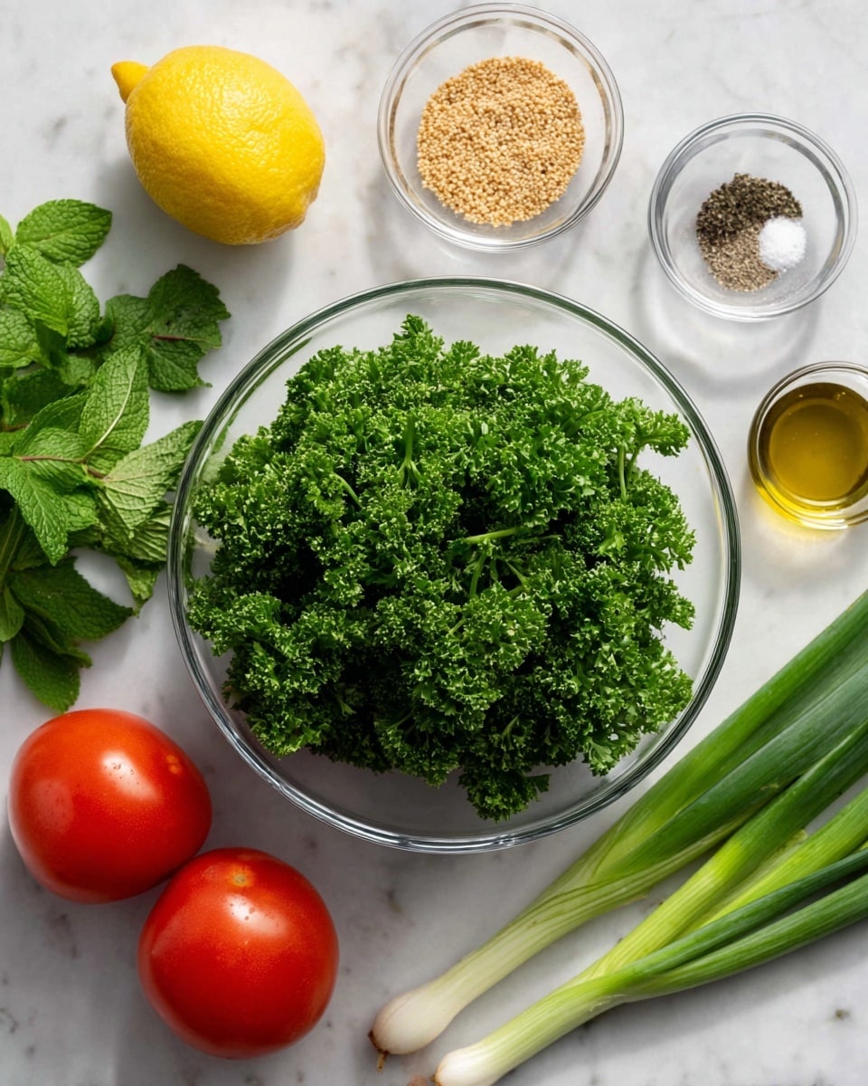A clear glass bowl in the center filled with bright green, curly parsley bunches with visible stems. Surrounding the bowl on a white marbled surface are fresh ingredients: a whole yellow lemon on the left, a small bunch of green mint leaves below the lemon, a small clear bowl with light brown bulgur grain above the lemon, a small clear bowl with salt and black pepper to the top right of the parsley, two ripe red Roma tomatoes to the right of the parsley, a small clear bottle of golden olive oil below the tomatoes, and three light green spring onions with white roots on the far right. photo taken with an iphone --ar 4:5 --v 7
