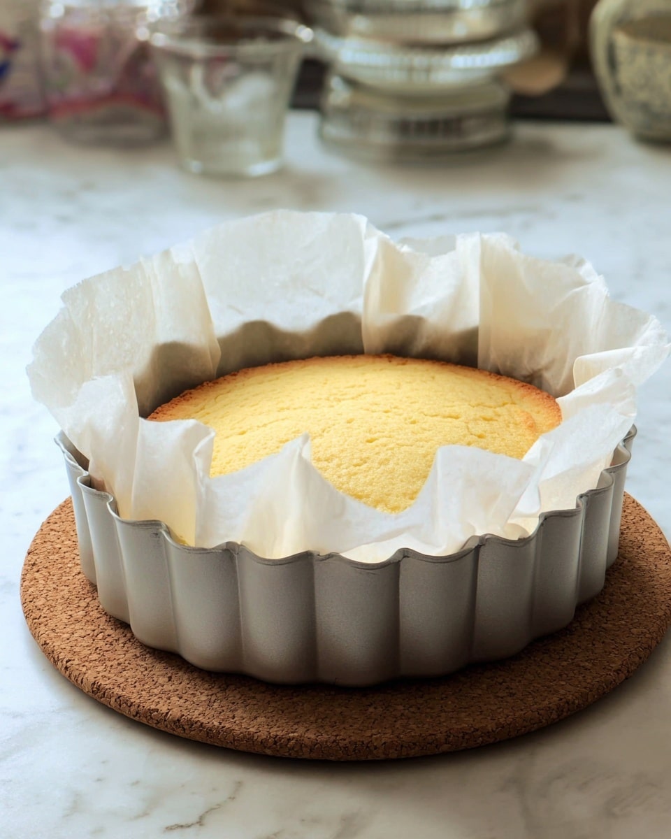 A single round cake with a light golden brown top, showing a soft and slightly cracked texture, sits inside a wavy silver baking tin lined with white parchment paper that rises above the cake edges. The tin is placed on a round cork coaster, all set on a white marbled surface. In the background, there are blurry glass and ceramic items. photo taken with an iphone --ar 4:5 --v 7