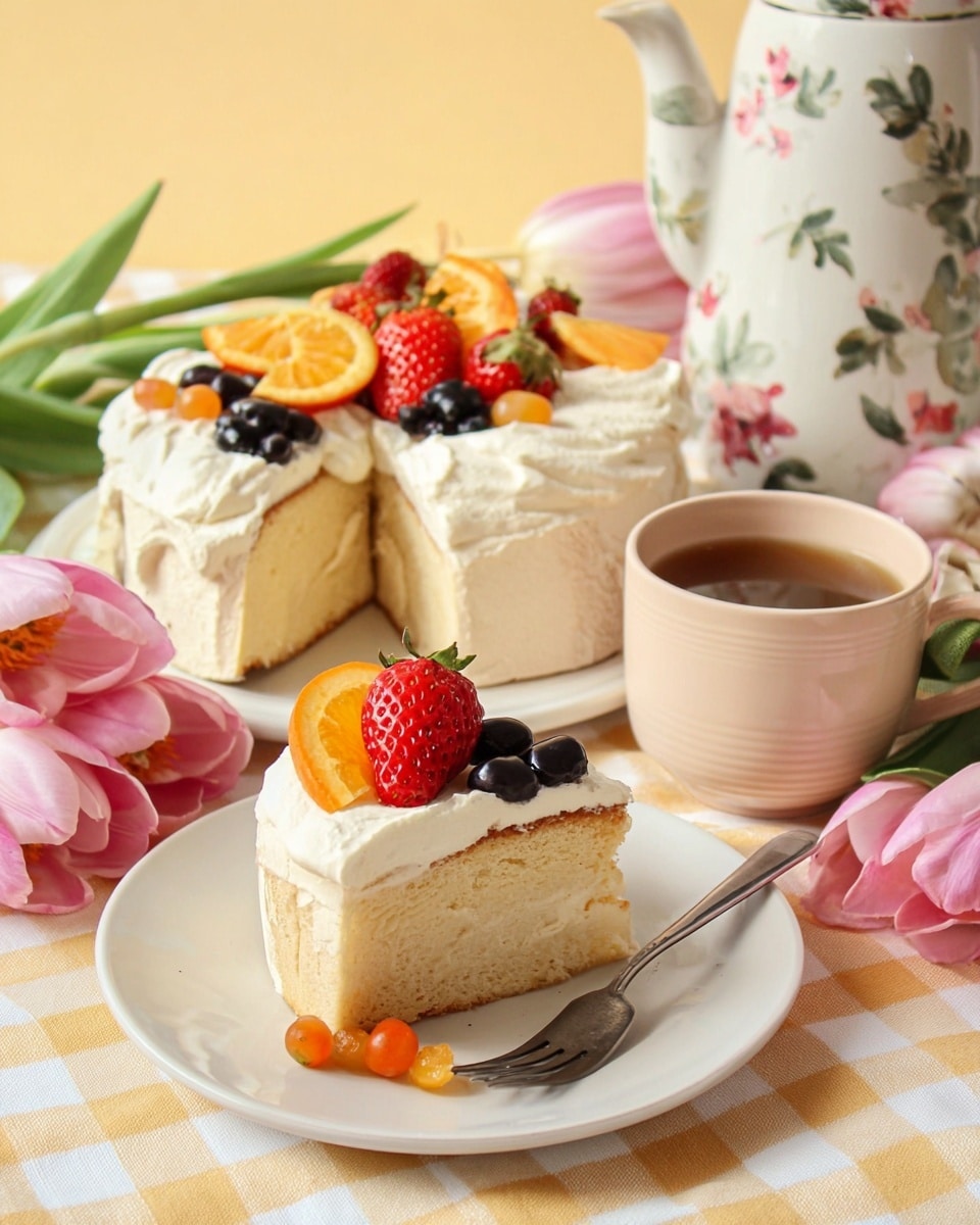 The image shows a slice of light beige cake with a thick layer of white cream on top, placed on a white plate. The slice is decorated with a red strawberry piece on the cream and is surrounded by colorful fruits including orange slices, black grapes, a pale strawberry, and small orange berries. A silver fork lies on the plate beside the cake. Behind the plate, there is a larger round cake with the same cream topping and fruit decorations, including black grapes, strawberries, and an orange slice, with a slice already taken out. Next to the cake, a light pink cup filled with coffee or tea sits on a white marbled surface, alongside a pale floral teapot. Pink tulips rest on the left side of the scene, which is all set on a yellow and white checkered tablecloth. Photo taken with an iphone --ar 4:5 --v 7