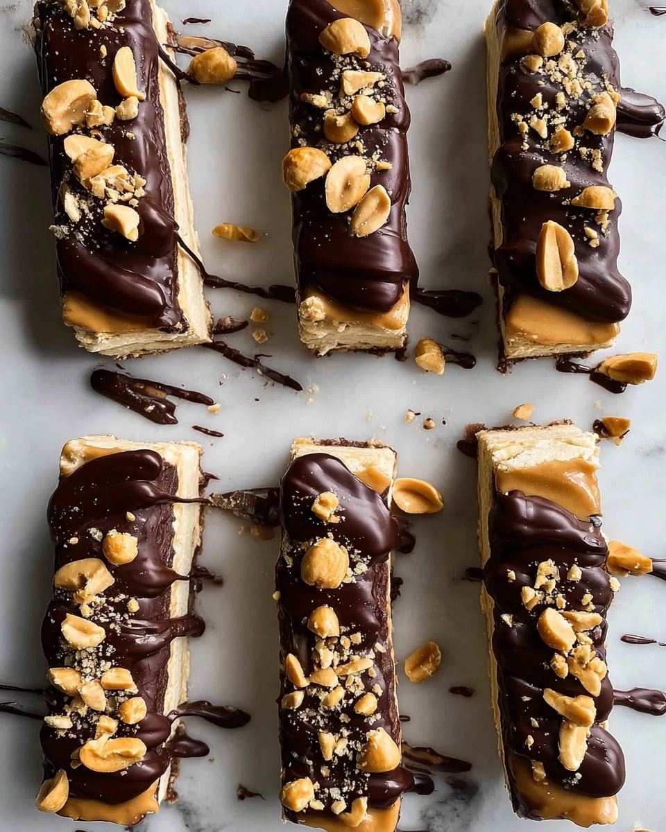 Six rectangular frozen bars lie on a white marbled surface, each with a pale cream base layer. On top, a smooth layer of dark glossy chocolate covers most of the surface, drizzled with light caramel lines. Some bars are sprinkled with chopped peanuts, adding a rough texture with light brown and creamy beige pieces. A few chocolate and caramel drips have pooled slightly around the bars, emphasizing their glossy and fresh look. photo taken with an iphone --ar 4:5 --v 7