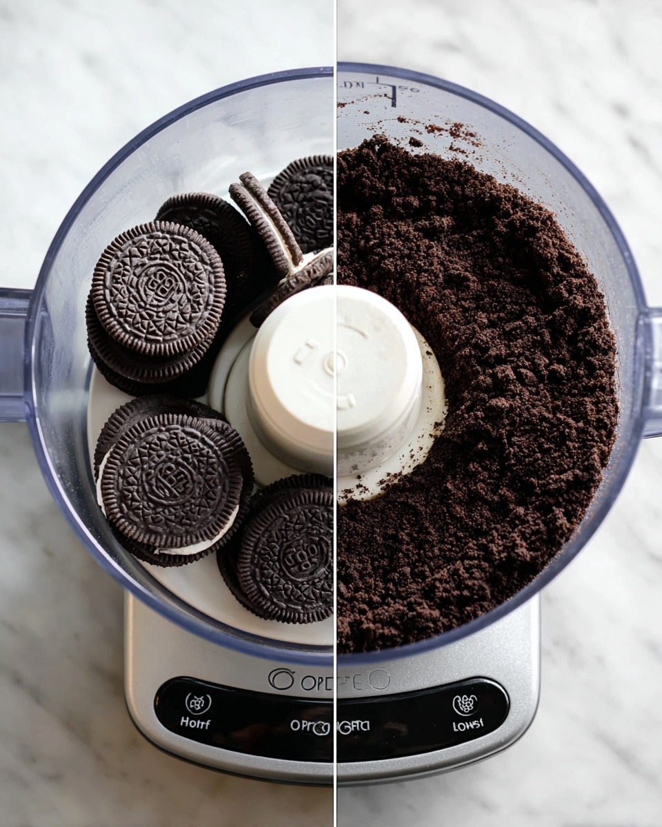 The image shows two close-up views of a food processor on a white marbled surface. The left side has whole dark chocolate sandwich cookies with cream filling placed inside the clear bowl of the processor, surrounding a white plastic blade attachment in the center. The right side shows the same food processor bowl but now filled with finely crushed dark cookie crumbs, forming a crumbly, textured layer that almost covers the base of the bowl around the central white blade. The food processor has a silver base with black buttons labeled Off, Low, High, and Pulse. Photo taken with an iphone --ar 4:5 --v 7