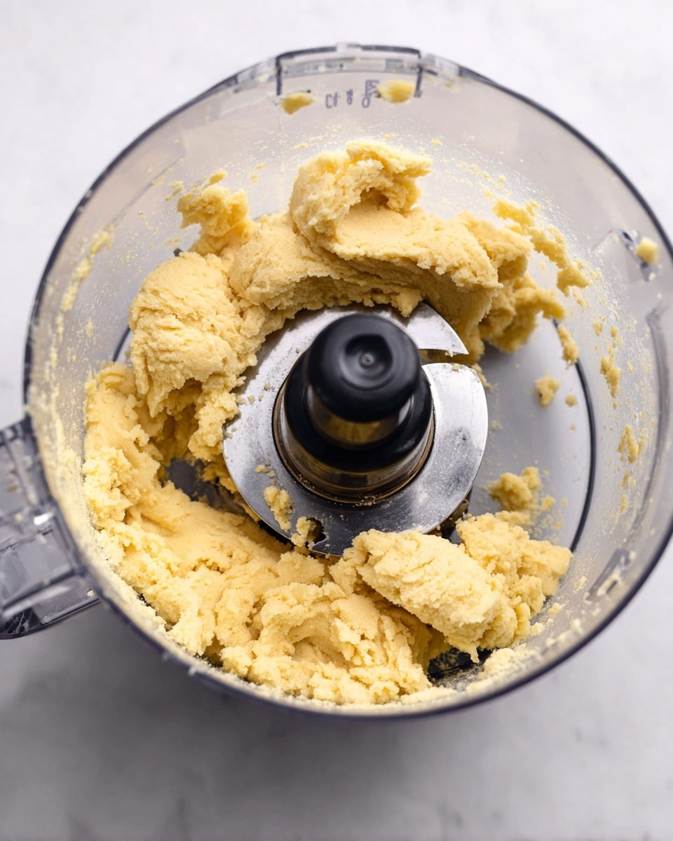 Inside a clear food processor bowl, there is a single layer of light yellow dough gathered mostly around the silver blade in the center. The dough has a soft, slightly crumbly texture with some rough edges and small clumps scattered around the bowl. The food processor top has dark gray parts, and the bowl sits against a white marbled surface. photo taken with an iphone --ar 4:5 --v 7