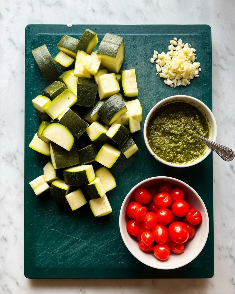 A dark green cutting board on a white marbled surface has four main elements: at the top left, there are thick pieces of light green zucchini with dark green skin, roughly chopped into semi-circles and cubes; at the bottom left, a small pile of finely chopped light beige garlic; at the center bottom, a white bowl filled with smooth, shiny, bright red grape tomatoes; and at the right, a white bowl holding a rough textured green pesto sauce with a silver spoon resting inside the bowl. Photo taken with an iphone --ar 4:5 --v 7