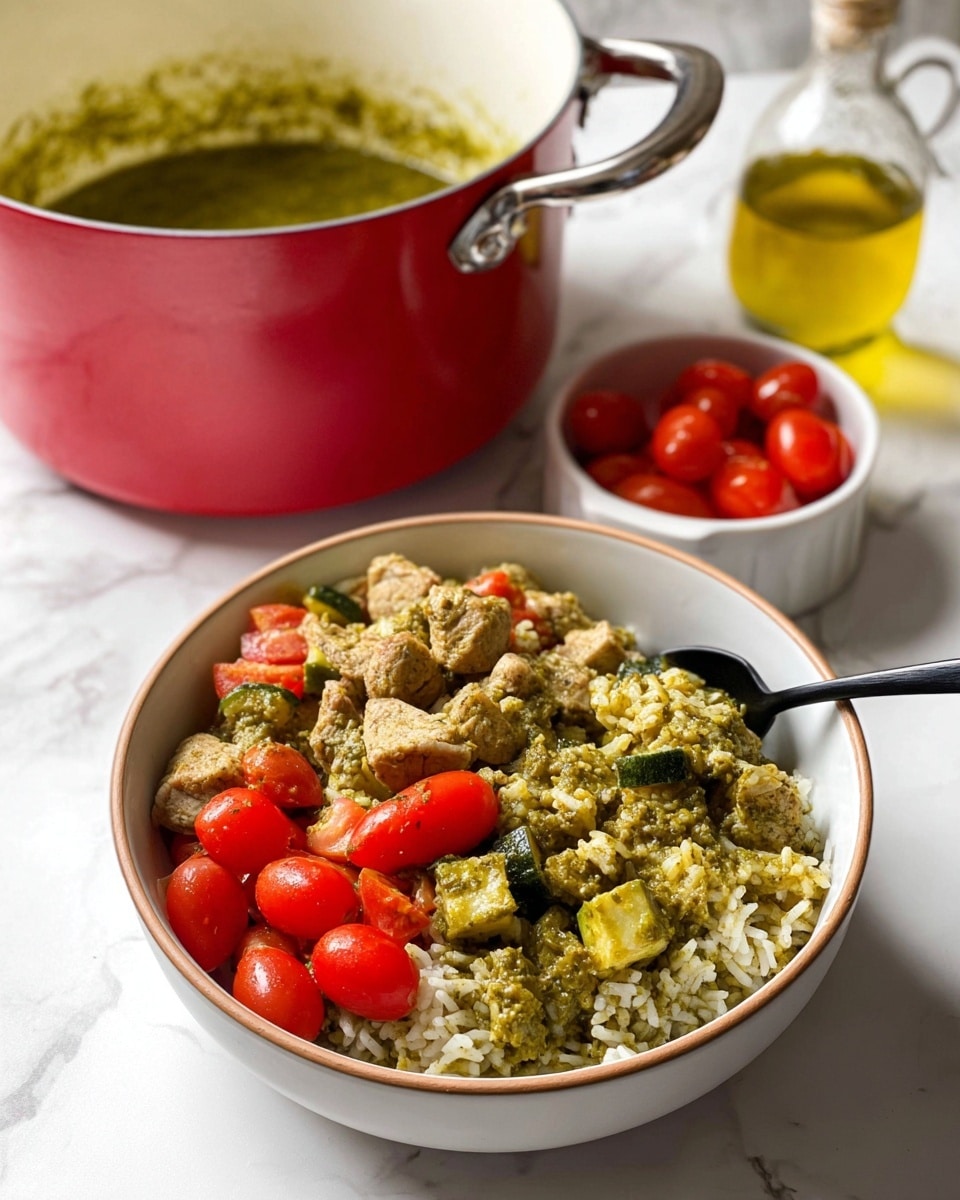 A white bowl with a light brown rim is filled with three main layers: the bottom layer is cooked white rice mixed with green pesto sauce giving a soft textured green color; the middle layer shows chunks of light brown cooked meat and diced green zucchini pieces; the top layer includes bright red cherry tomatoes scattered around with a black spoon resting inside the bowl on the right side. Behind the bowl, on a white marbled surface, there is a large red pot with metallic handles, a white small bowl filled with more green sauce, a small white bowl holding several shiny red cherry tomatoes, and a clear glass bottle with light yellow oil. Photo taken with an iphone --ar 4:5 --v 7
