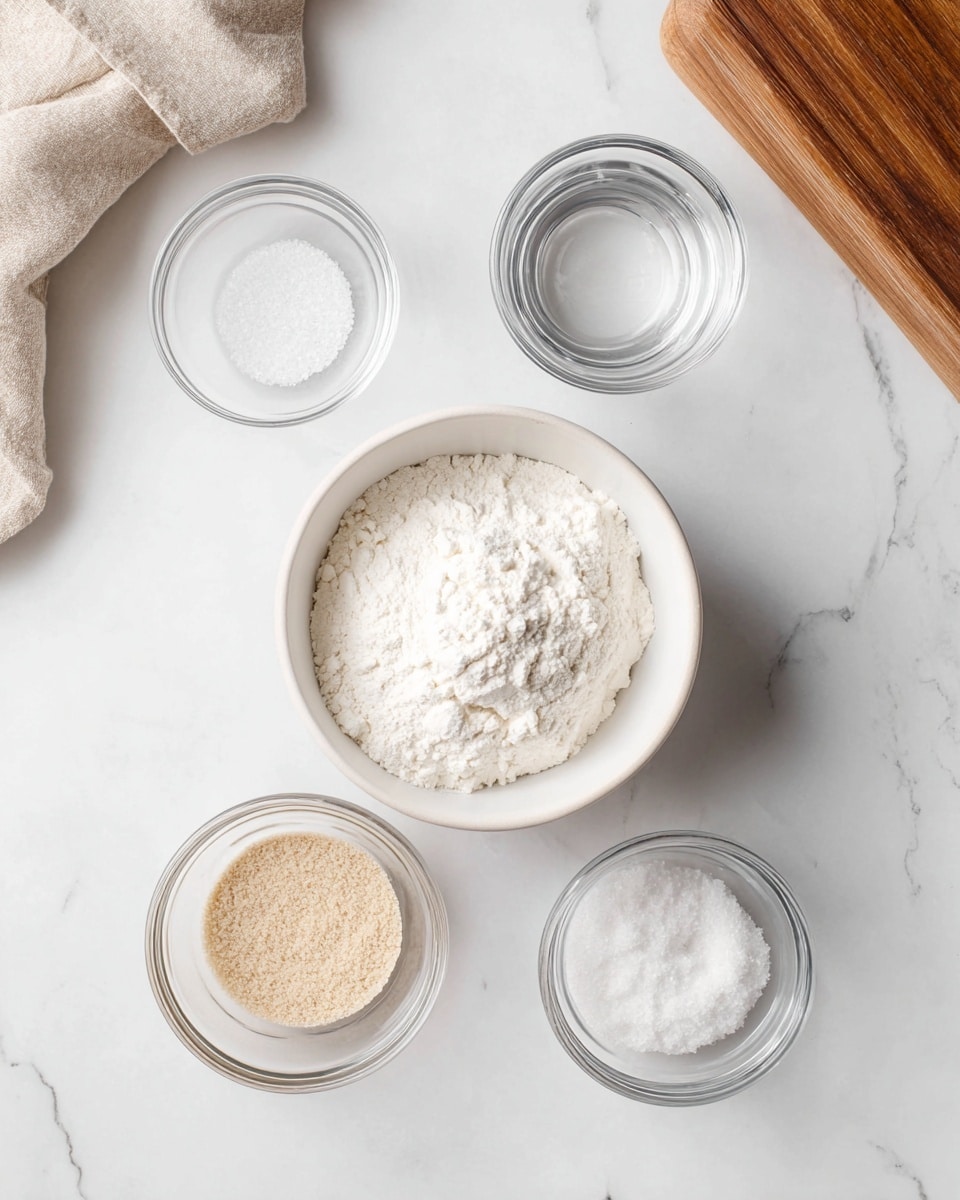 A top-down view of five small bowls arranged on a white marbled surface, each holding different ingredients for baking. At the center is a white bowl filled with a mound of white flour, showing a soft and powdery texture. Surrounding it are four glass bowls: one at the top left has coarse salt with a crystalline texture, another at the top right holds clear water, the bottom right contains light brown dry yeast with a fine powder texture, and the bottom left has fine white sugar granules. A beige cloth is visible at the top left corner and a wooden board is partially seen at the top right corner. Photo taken with an iphone --ar 4:5 --v 7
