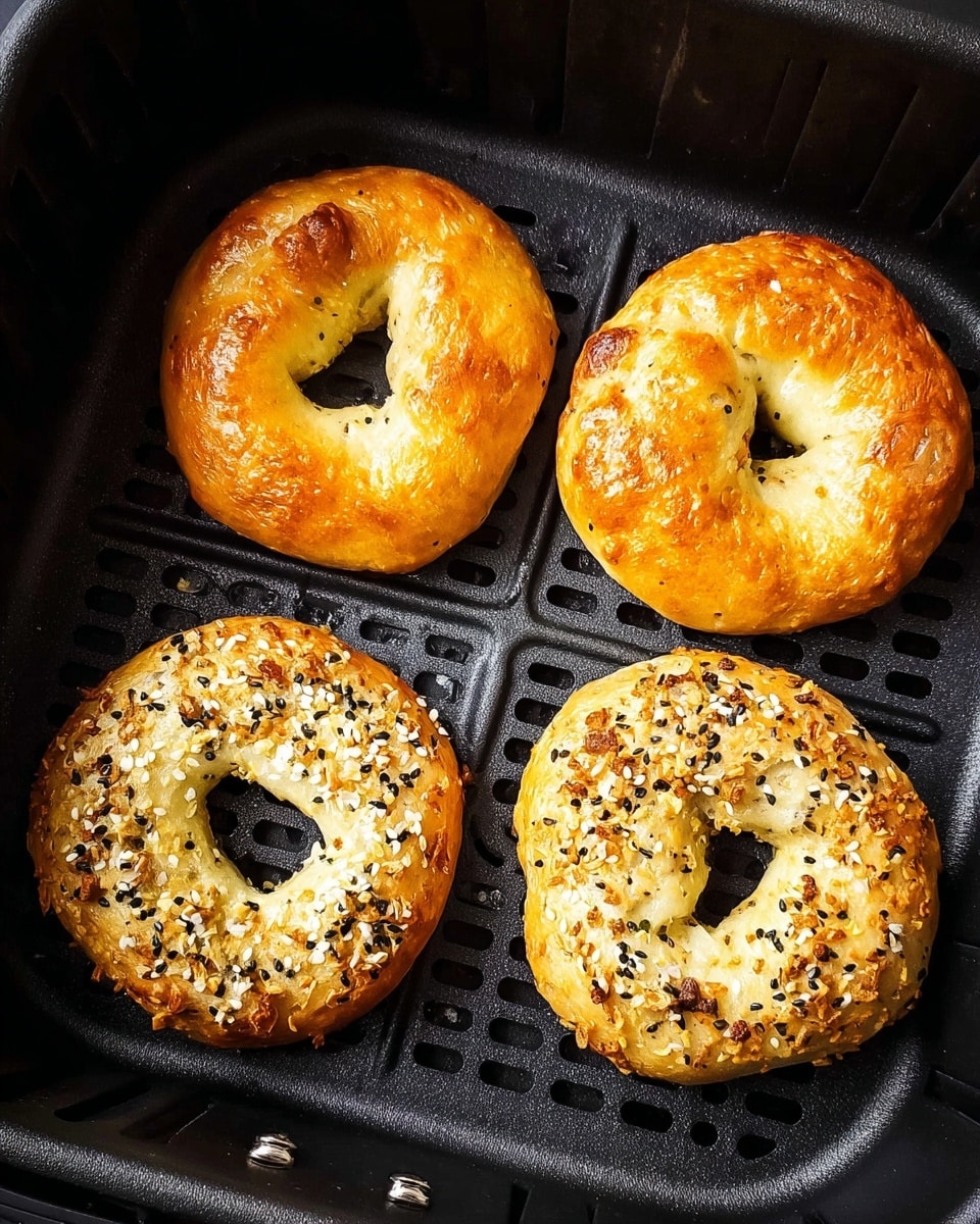 Four golden-brown bagels are inside a black air fryer basket with a grid pattern. Two bagels are plain with a shiny, smooth surface, and the other two bagels have a topping of white sesame seeds, black poppy seeds, and onion flakes, creating a speckled texture. The bagels have a round shape with a hole in the middle and look soft and slightly puffy. The black basket contrasts with the warm colors of the bagels. photo taken with an iphone --ar 4:5 --v 7