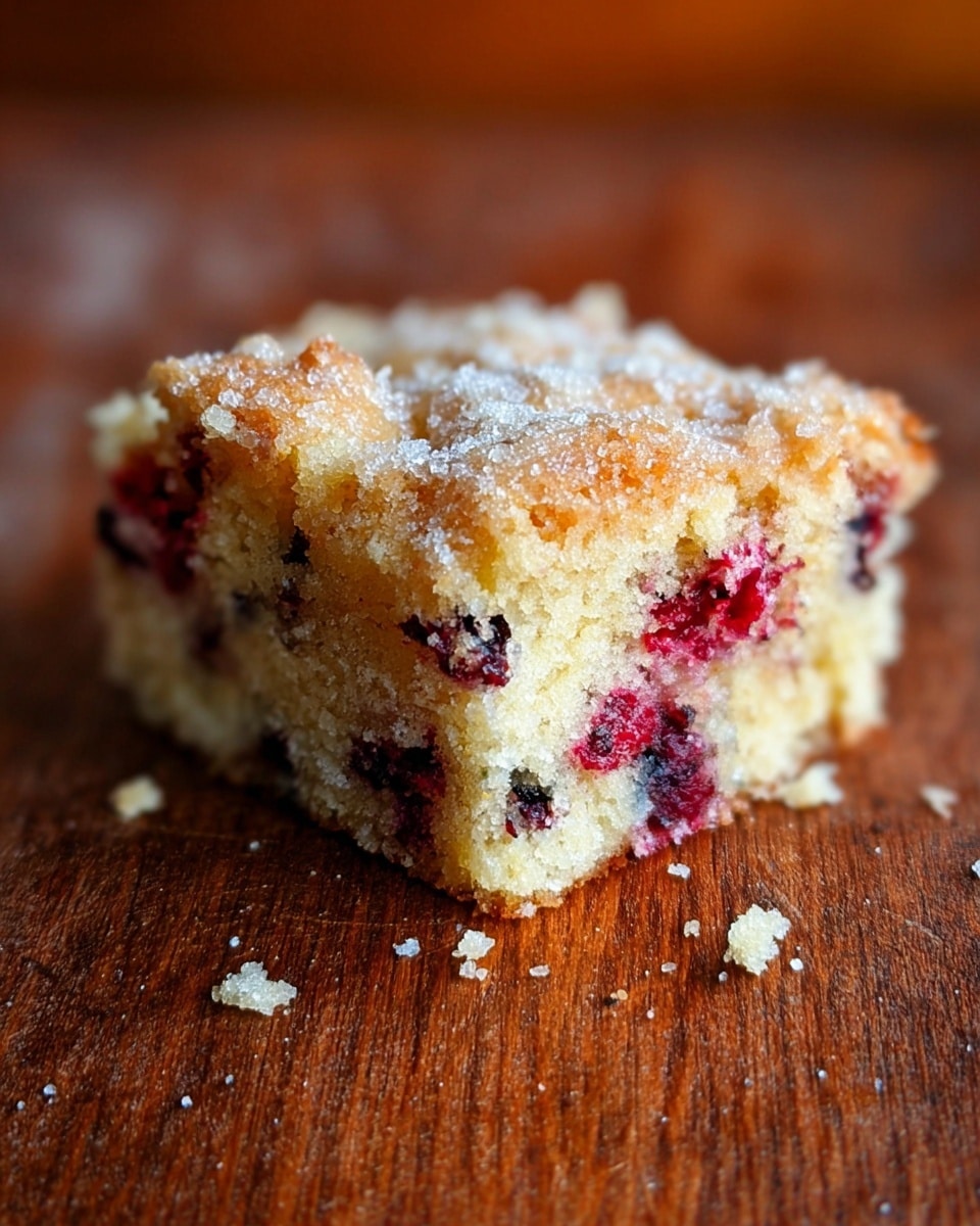 A single square piece of crumbly cake sits on a wooden textured surface with a light golden-brown top sprinkled with sugar crystals. The cake has a dense, soft inside that is pale yellow with bright red and dark purple berry pieces mixed throughout, creating a speckled effect. Some crumbs are scattered around the cake on the surface. The background is blurred with warm tones, highlighting the cake’s texture and fruit bits. photo taken with an iphone --ar 4:5 --v 7