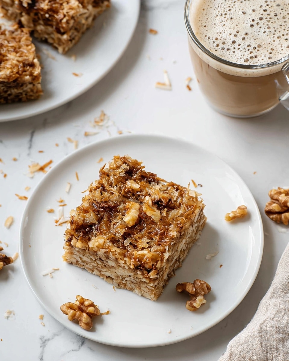 A close-up view of a single square snack bar on a white plate, showing a dense top layer made of brown shredded coconut and chunks of walnuts, creating a rough, uneven texture with golden toasted spots. The snack bar has a thick base layer visible at the bottom, slightly darker than the top. Around the plate are scattered pieces of walnut and shredded coconut, with a glass of light brown coffee topped with bubbly foam placed nearby on a white marbled surface. In the upper left corner, part of another white plate with more snack bars is seen, and a beige cloth is at the bottom right edge. Photo taken with an iphone --ar 4:5 --v 7