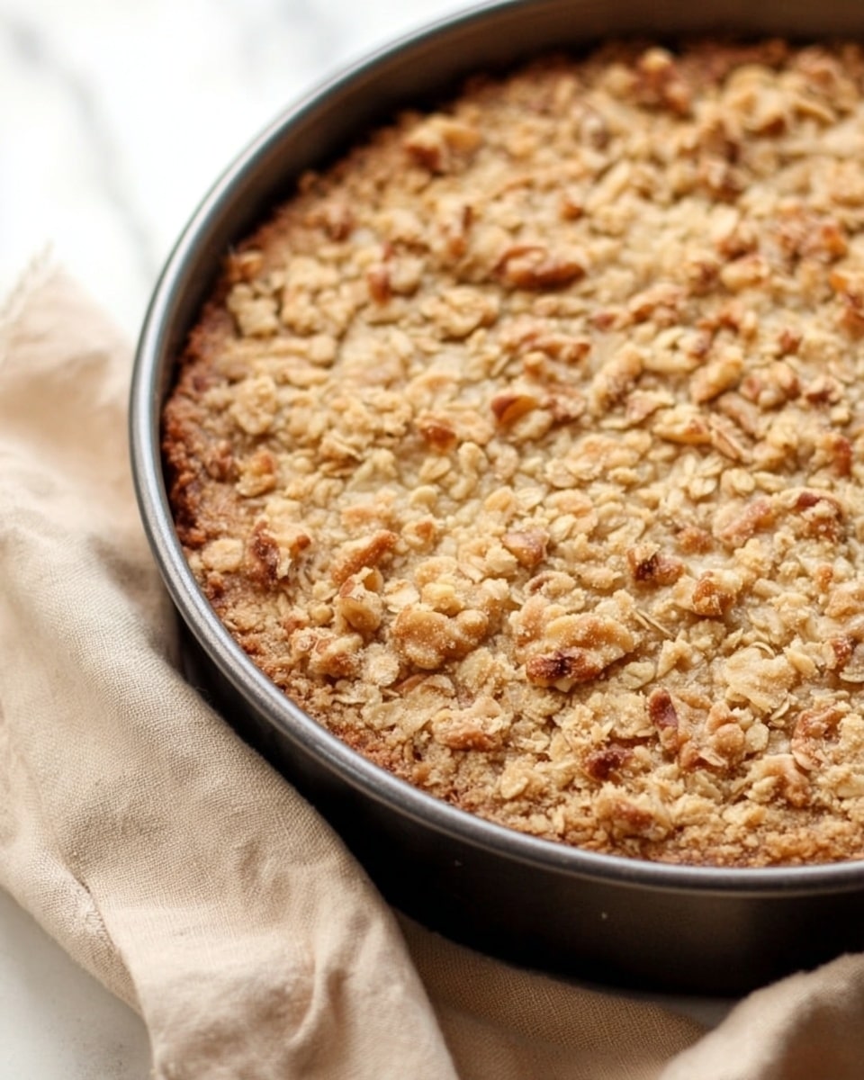 A close-up view of a round baked dessert in a dark metal pan, showing a thick, crumbly topping made with oats and walnut pieces. The topping is light golden brown and textured with clusters of oats and nuts spread evenly across the surface. The pan sits on a soft, light beige cloth, all placed on a white marbled surface. Photo taken with an iphone --ar 4:5 --v 7