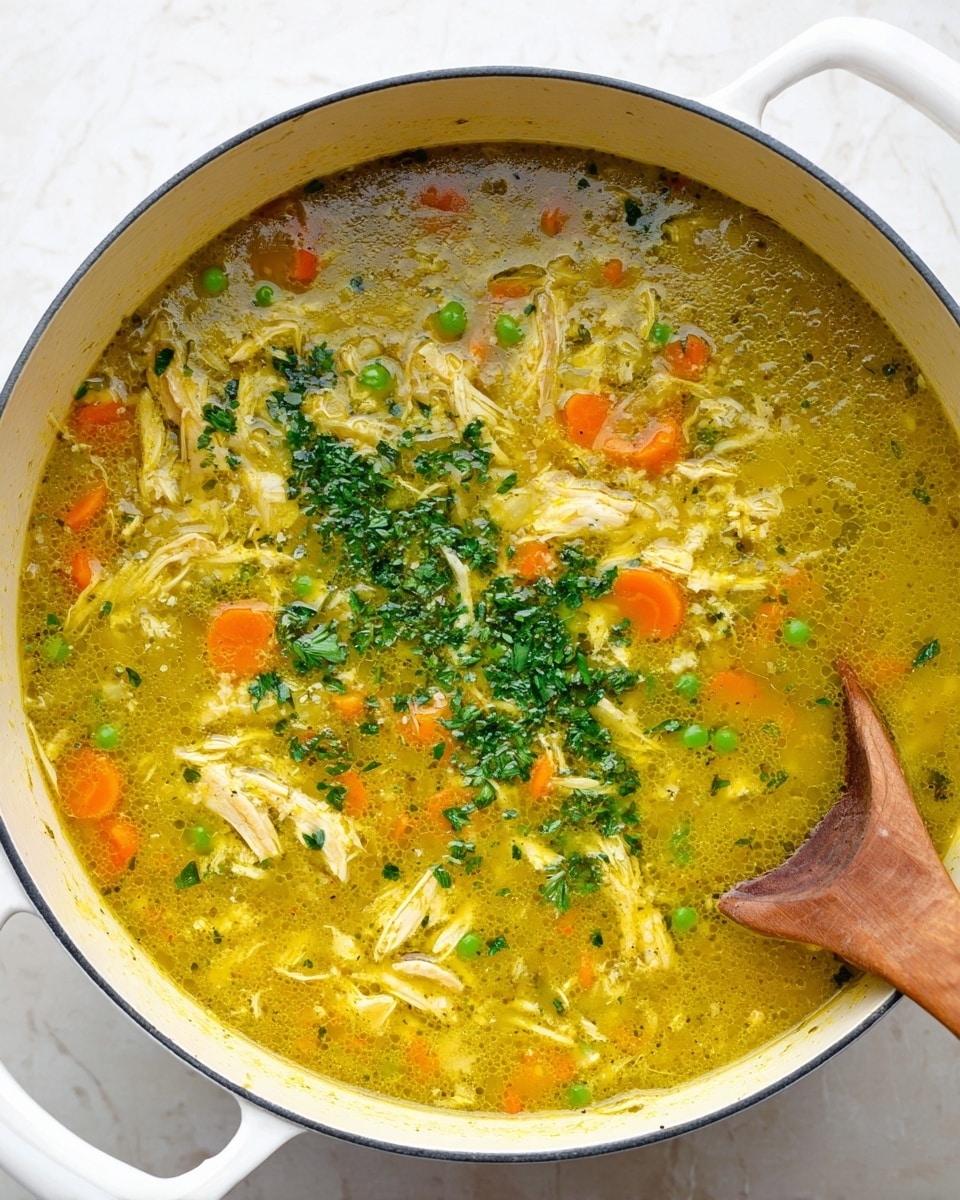 The image shows a large white pot filled with thick yellow-green soup. The soup has visible pieces of shredded chicken, sliced orange carrots, and small green peas scattered throughout. The top is sprinkled with finely chopped fresh green herbs, adding texture and color contrast. A wooden spoon rests on the right side of the pot, slightly submerged in the soup. The pot is set on a surface with a white marbled texture. photo taken with an iphone --ar 4:5 --v 7