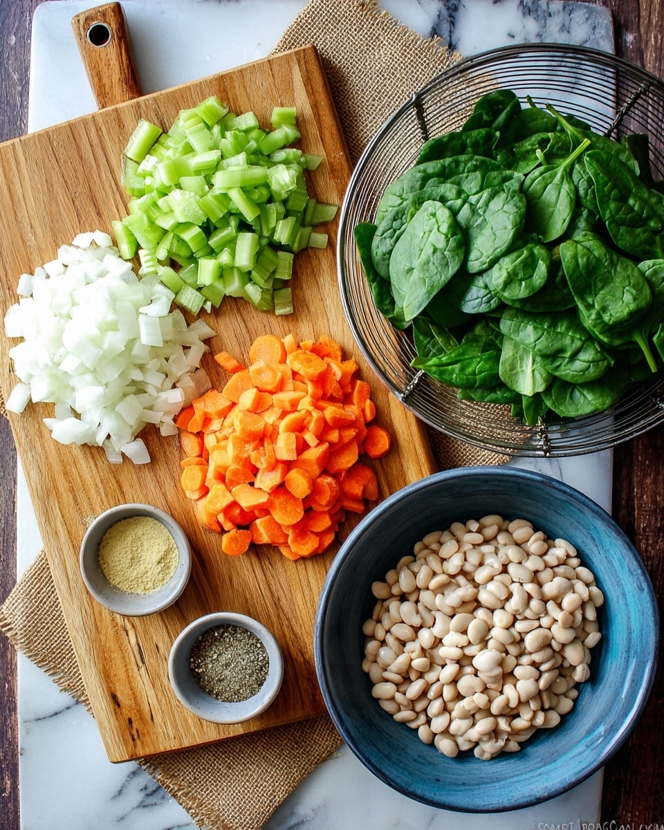 The image shows a white marbled surface with a wooden cutting board on the left side holding three piles of chopped vegetables: light green celery pieces on the top left, white onion pieces in the top center, and bright orange carrot pieces in the bottom left. Below the vegetables on the board are three small round bowls with light yellow powder, a mix of dried herbs, and salt and pepper. On the right side, there is a blue bowl filled with pale beige beans and a wire basket filled with fresh, dark green spinach leaves resting on a piece of burlap. Photo taken with an iphone --ar 4:5 --v 7