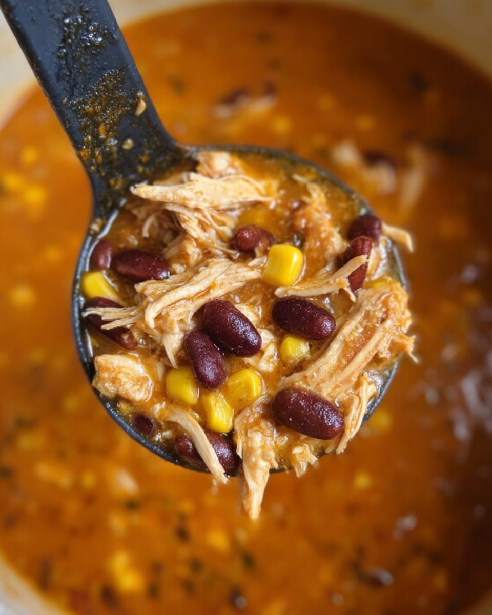 A close-up view shows a black ladle filled with a thick mixture of shredded light beige chicken, dark red kidney beans, bright yellow corn, and soft orange sauce. The ladle is held over a pot of the same orange sauce, creating a warm and hearty look. The background is a white marbled texture. The photo taken with an iphone --ar 4:5 --v 7