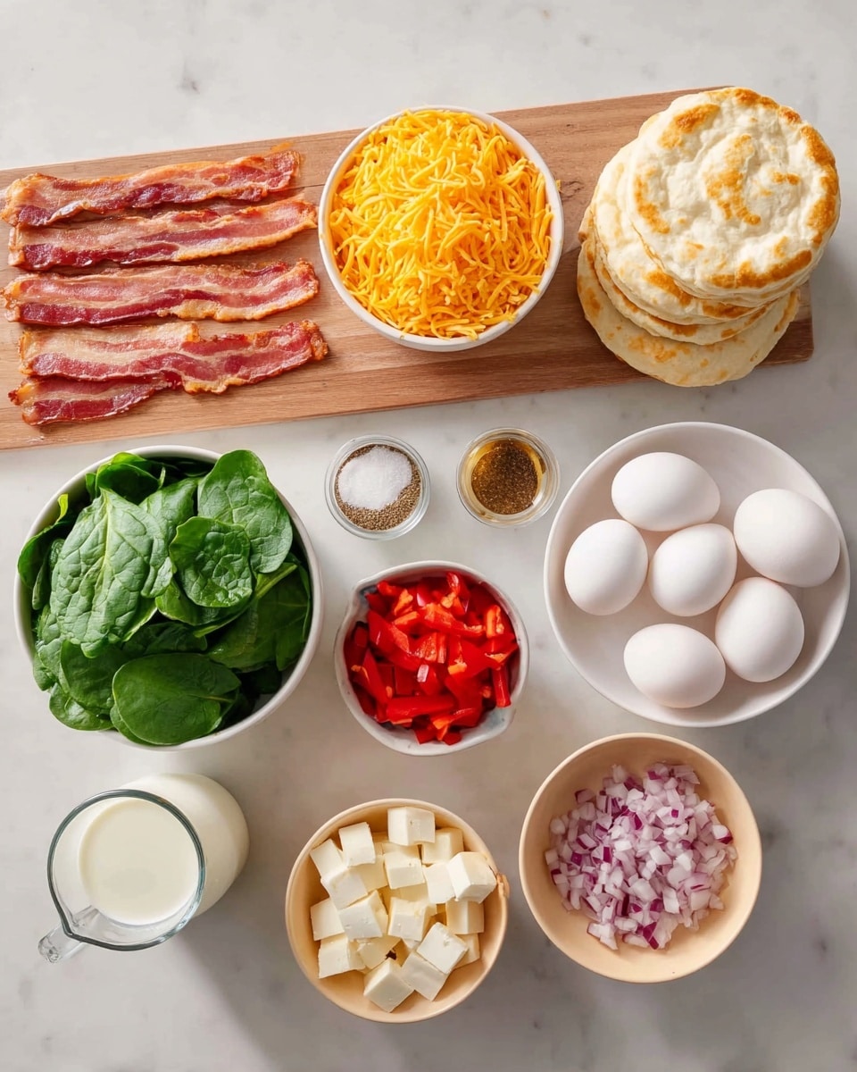 The image shows a wooden board on the left side with several raw bacon strips and three sliced biscuits stacked in two layers. Above the board, there is a white bowl filled with shredded orange cheddar cheese. To the right of the cheese bowl, there are three small bowls with pepper, salt, and a liquid vanilla extract, placed in a row from left to right. Below these small bowls is a glass cup with white milk. To the right of the milk, there is a white bowl filled with a dozen white eggs. Below the eggs is a peach-colored bowl containing small white cheese cubes. To the left of the small cheese bowl is a large white bowl filled with fresh green spinach leaves. Below the spinach bowl are two smaller bowls; one contains chopped red onions and the other has diced red bell peppers. All items are placed neatly on a white marbled surface. photo taken with an iphone --ar 4:5 --v 7