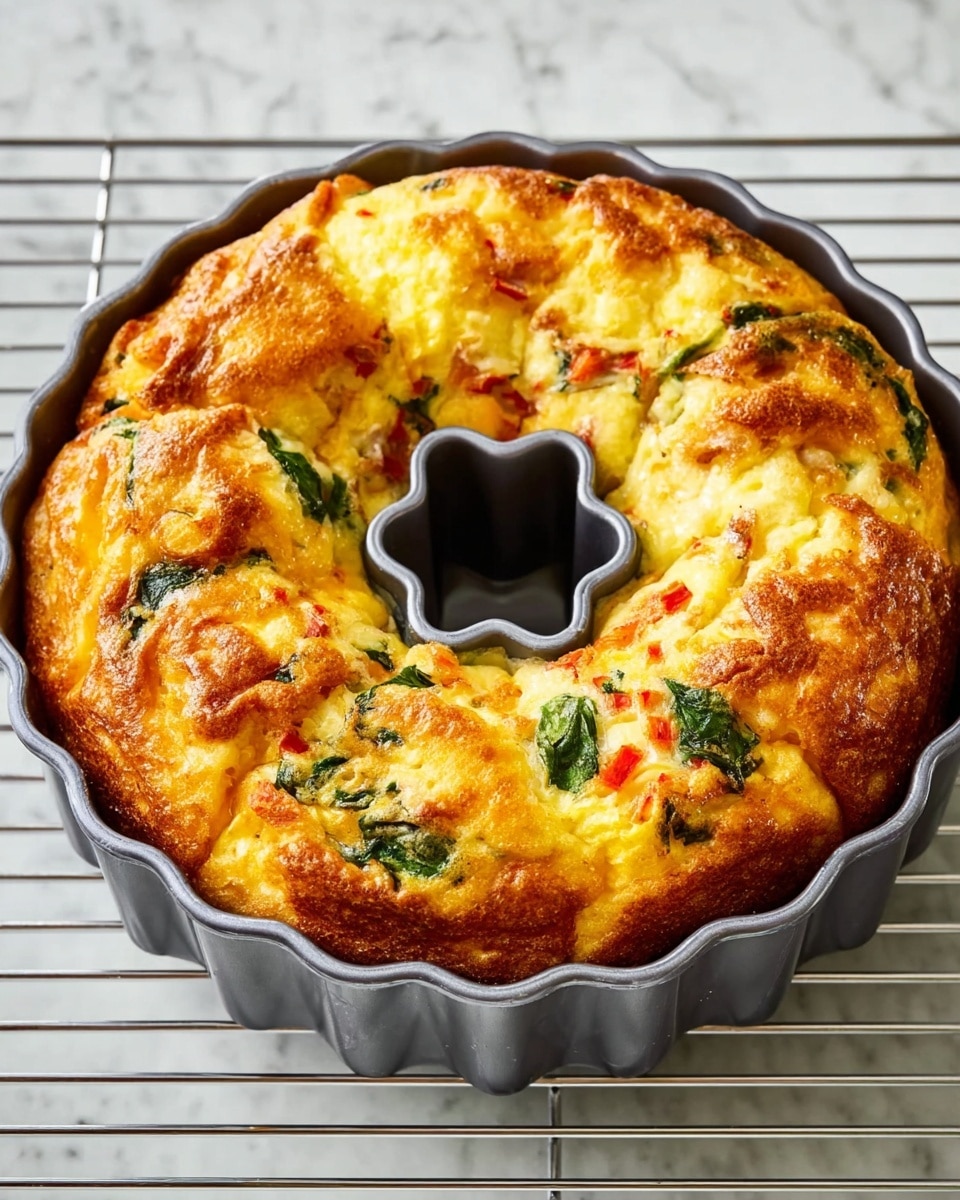 The dish is a golden-brown baked egg ring with a fluffy, slightly puffed texture, inside a gray flower-shaped bundt pan. It has visible chunks of light yellow cheese, bright green spinach leaves, and small pieces of red bell pepper scattered throughout the surface. The edges are slightly darker and more browned, showing a crusty texture, while the center is softer and filled evenly with the mixed ingredients. The pan rests on a silver wire cooling rack, all set against a white marbled background. photo taken with an iphone --ar 4:5 --v 7