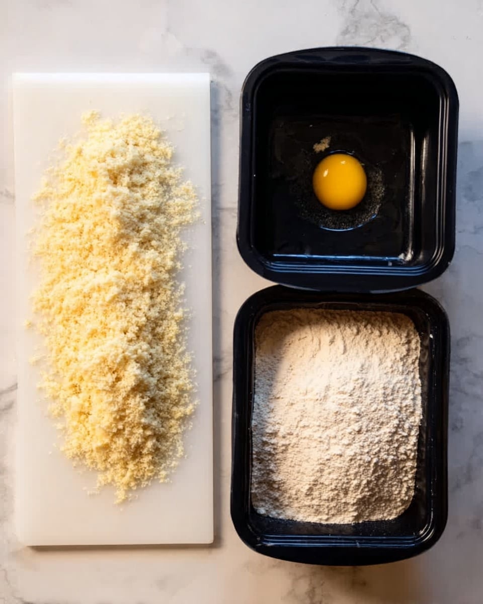 The image shows a white cutting board with a pile of light yellow bread crumbs on the left side. Next to it are two black rectangular containers placed on a white marbled surface. The container in the middle holds a single raw egg yolk with some egg white around it, and the container on the right is filled with a light beige flour. The three items are neatly arranged in a row, with the textures clear and distinct. photo taken with an iphone --ar 4:5 --v 7