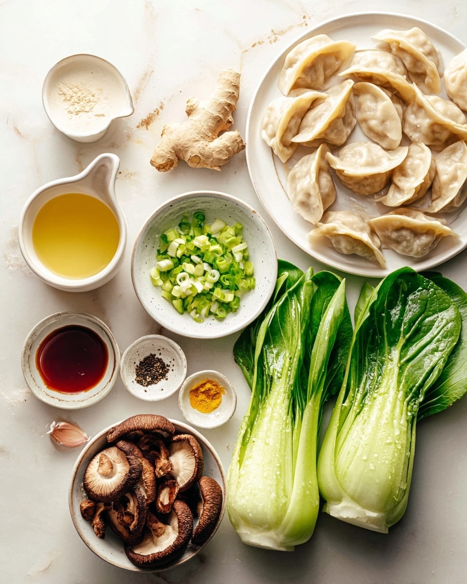 The image shows a collection of fresh ingredients on a white marbled surface. At the center right, there is a white plate filled with uncooked dumplings with a light beige, slightly translucent dough. To the right of the plate are two fresh green bok choy heads with water droplets on the leaves. Above the dumplings, a small white bowl is filled with chopped green onions, showing vibrant green and white colors. Below the dumplings, a white bowl contains whole dried shiitake mushrooms in rich brown shades. To the left, there is a round white plate holding a piece of fresh ginger root, three garlic cloves, a small bowl with light yellow liquid and black pepper, and another small bowl with dark soy sauce. Next to this, a small white pitcher holds a golden-yellow sauce or broth. Near the top, a small bowl contains a dark reddish-brown sauce. The overall look is fresh and ready for cooking, the photo taken with an iphone --ar 4:5 --v 7
