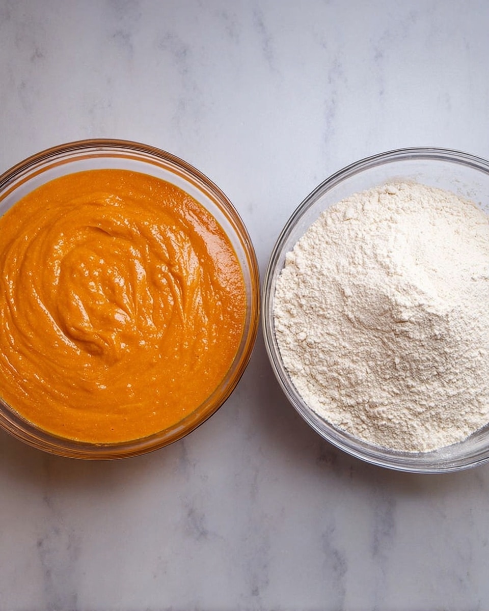 The image shows two glass bowls on a white marbled surface. The bowl on the left holds a smooth, thick orange batter with a shiny texture and some visible swirls on the surface. The bowl on the right contains a pale, fine powder, likely flour, spread evenly. Both bowls are filled to a similar level and placed side by side. Photo taken with an iphone --ar 4:5 --v 7