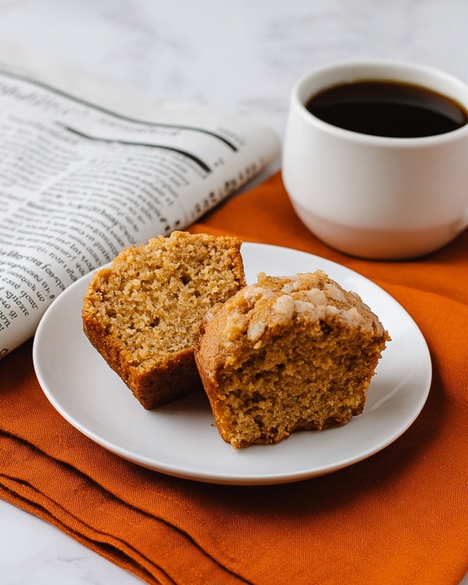 A white plate holds two halves of a muffin, each half showing a soft, light brown inside with a crumbly texture and a slightly darker golden-brown outside crust. To the left of the plate, there is a white cup filled with black coffee, sitting on a folded newspaper with black text. Behind the plate, there is an orange cloth napkin folded neatly on a white marbled surface. The scene is simple and cozy, with the muffin and coffee as the main focus. photo taken with an iphone --ar 4:5 --v 7