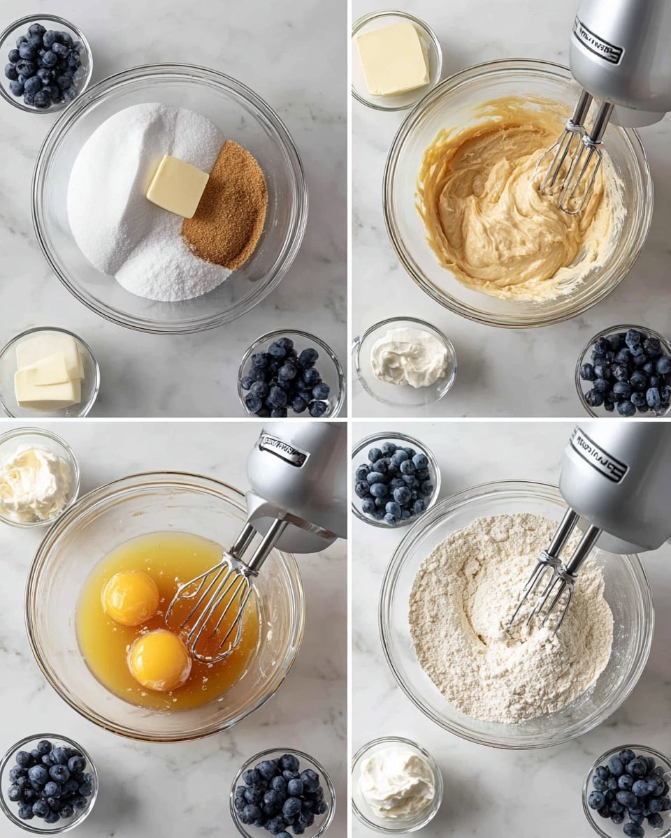The image shows four steps of making muffin batter in clear glass bowls placed on a white marbled surface. In the top left, a bowl holds three layers: white sugar, light brown sugar, and a pale block of butter. The top right shows a bowl with a thick, creamy beige mixture being mixed by a silver electric mixer with two beaters. The bottom left shows the same bowl with the creamy mixture now containing two raw yellow egg yolks, white sour cream, and a splash of amber vanilla extract, again being mixed with the electric mixer. The bottom right picture shows the bowl with a smooth pale batter and a pile of white flour on top, ready to be folded in with the mixer. Around the bowls are small glass containers of fresh blueberries and sour cream. photo taken with an iphone --ar 4:5 --v 7