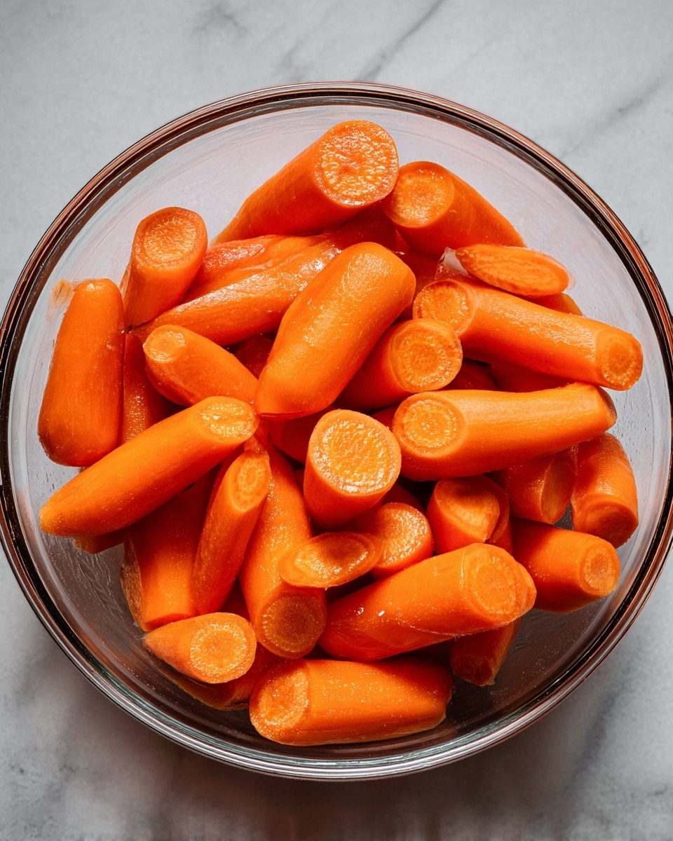 A clear glass bowl filled with many short pieces of fresh, bright orange carrots that are either whole or sliced in half, showing their smooth, slightly shiny texture and round inner rings. The bowl sits on a white marbled surface. photo taken with an iphone --ar 4:5 --v 7