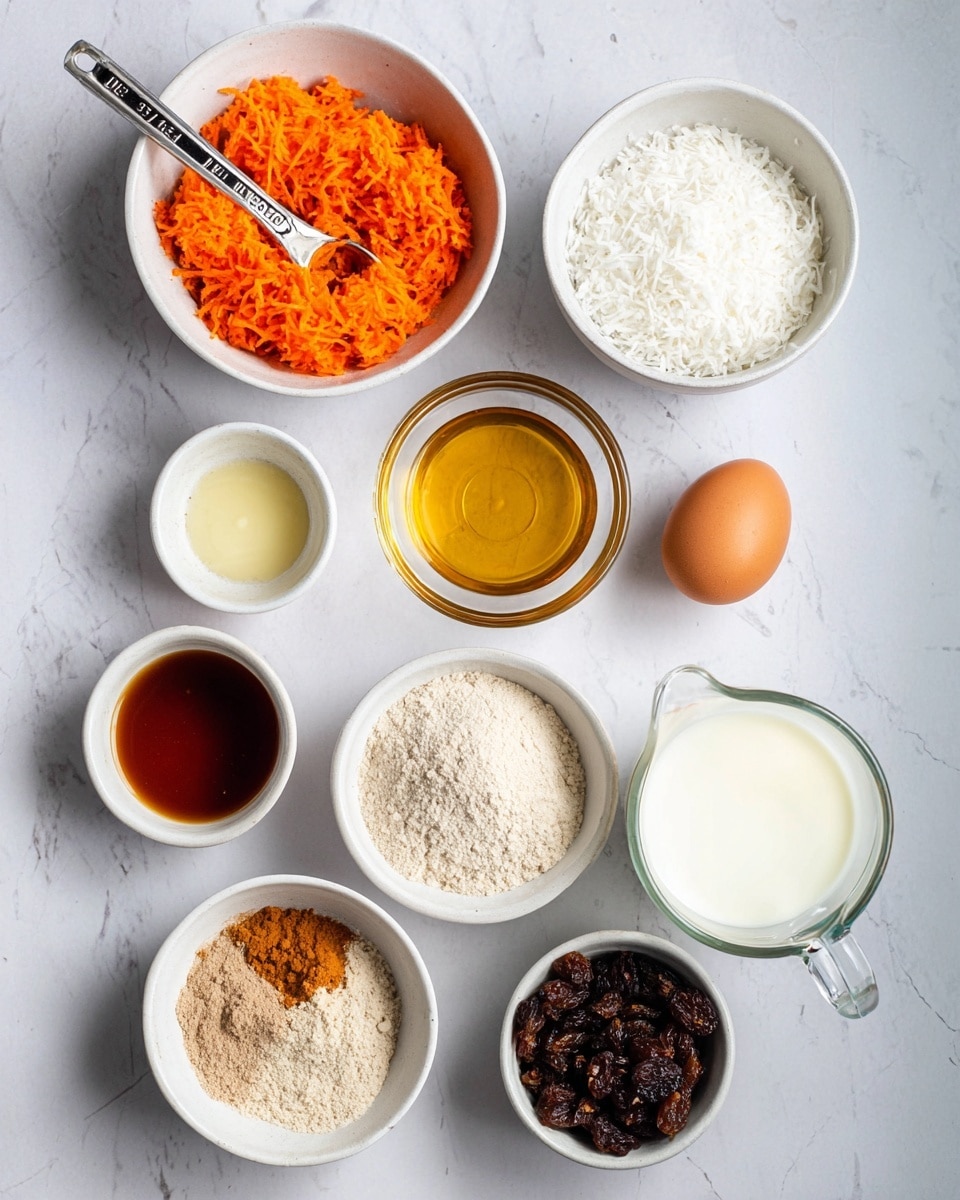The image shows ten small white bowls and one clear glass measuring cup arranged on a white marbled surface. In the top left, a white bowl holds bright orange grated carrots with a metal measuring spoon sticking out. To its right is a white bowl filled with white flakes, possibly coconut. Next to that is a clear glass bowl containing a golden liquid, likely oil. Below is a white bowl filled with a dark amber liquid, possibly syrup. To the right of that is a single brown egg sitting on the surface. Near the egg is a tiny white bowl with a small amount of light yellow liquid. Below, another white bowl holds light brown powder spices mixed with white powder. To its left is a white bowl filled with light beige thick paste, and next to that, a bowl with dark brown raisins. Finally, at the bottom right corner is a clear glass measuring cup filled almost to the top with milk. All items are neatly arranged with soft natural lighting. Photo taken with an iphone --ar 4:5 --v 7