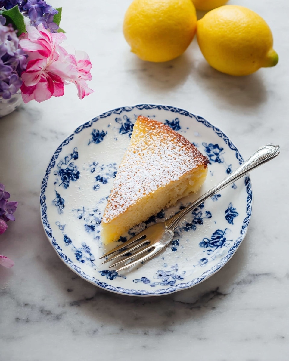 A single slice of light golden cake with a soft, slightly crumbly texture sits in the center of a white plate with blue floral patterns. The cake’s top is dusted with a fine layer of powdered sugar, giving a snowy effect. A shiny silver fork lies diagonally across the plate, resting beside the cake slice. The plate is placed on a white marbled surface with two whole yellow lemons nearby, and some purple and pink flowers in the upper left corner add a touch of color. Photo taken with an iphone --ar 4:5 --v 7