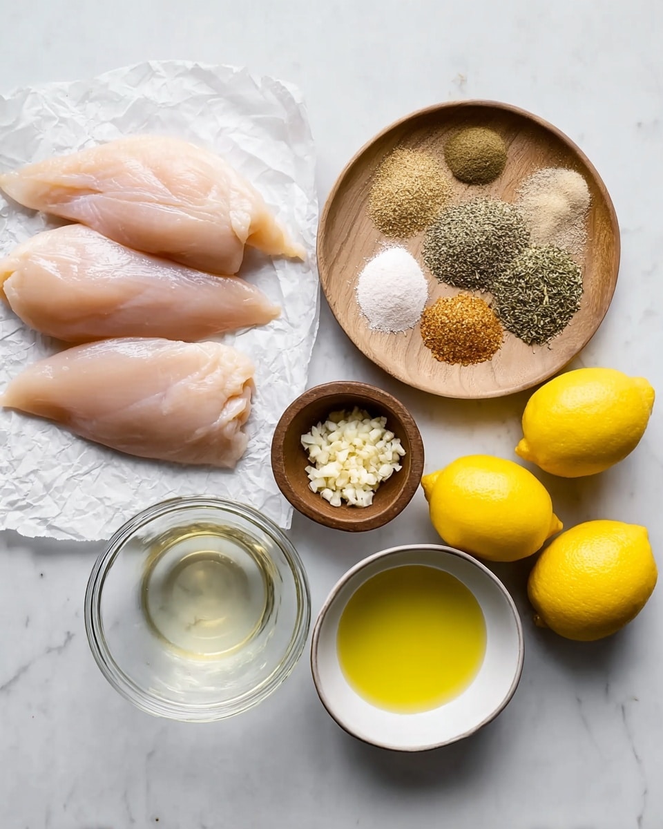 The image shows several raw chicken fillets placed on white paper on the left side. To the right, there are small bowls and whole lemons arranged neatly on a white marbled surface. One round wooden plate holds five piles of different dry spices in light brown, greenish, black, and white colors. A smaller wooden bowl contains minced garlic. Below the spices, there is a clear glass bowl with a light liquid, and next to it is a white bowl filled with a yellow liquid that looks like oil. Four whole yellow lemons are placed between the bowls and the spices. The setup is clean and bright, highlighting each ingredient clearly. photo taken with an iphone --ar 4:5 --v 7