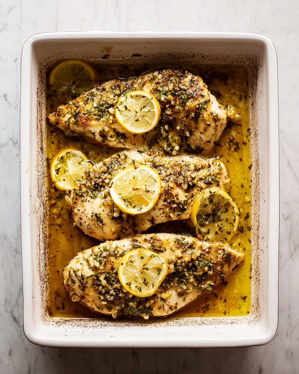 A white rectangular baking dish holds four pieces of cooked chicken laid side by side, each piece topped with herbs and small bits of garlic, giving a speckled green and beige texture. On top of each chicken piece are one or two thin bright yellow lemon slices. There is a light sauce or juice at the bottom of the dish, with a golden-brown color and visible herbs sprinkled throughout. The baking dish sits on a white marbled surface with some slight browning on the edges of the dish, showing it has been used in the oven. photo taken with an iphone --ar 4:5 --v 7