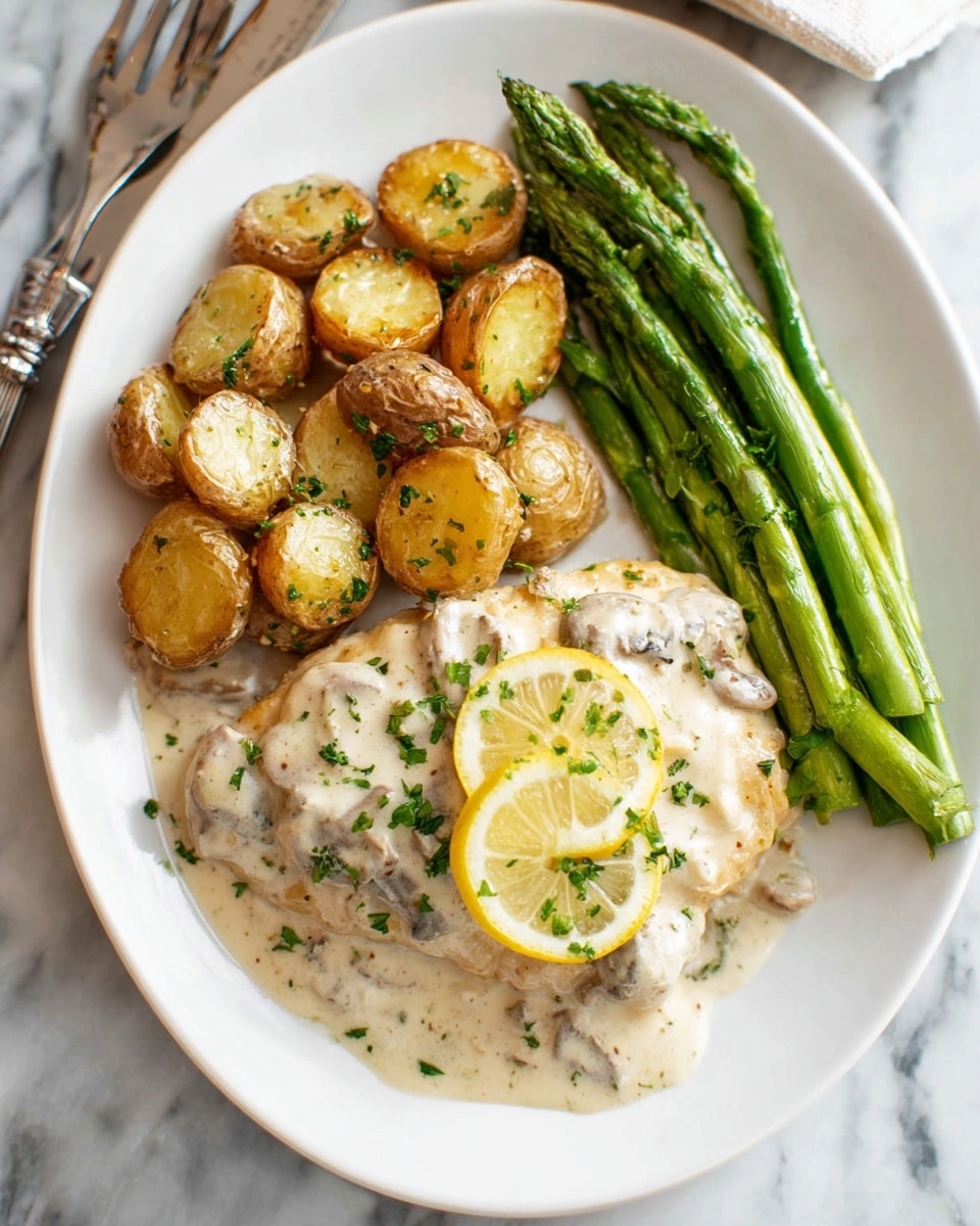 The dish is served on a white plate resting on a white marbled surface with a part of a silver fork visible nearby. It has three main layers: on the left, a pile of golden brown roasted baby potatoes with a slightly crispy texture; in the middle, bright green cooked asparagus spears laying straight and slightly overlapping each other; on the right, a piece of chicken covered in a thick creamy white sauce with small bits of mushrooms, topped with a thin slice of lemon, and sprinkled with green chopped herbs. The colors and textures contrast well, making the dish look fresh and comforting photo taken with an iphone --ar 4:5 --v 7