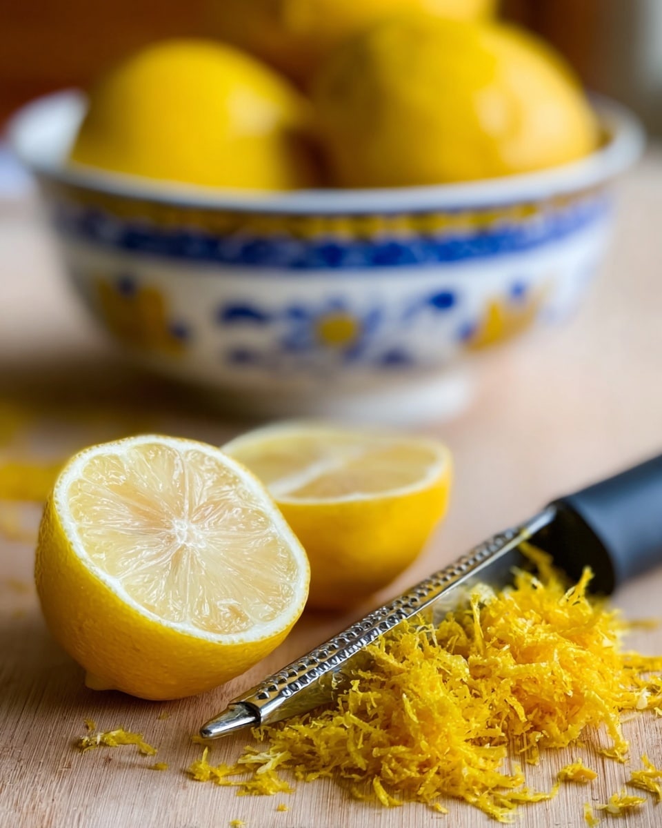 The image shows a close-up of two lemon halves placed on a light wooden surface, with a pile of bright yellow lemon zest nearby. A small metal zester with a black handle lies next to the zest, slightly angled. In the blurred background, there is a white bowl decorated with blue and yellow patterns, filled with whole lemons. The overall colors are warm yellows and soft browns, with a clear focus on the fresh lemon and zest. photo taken with an iphone --ar 4:5 --v 7