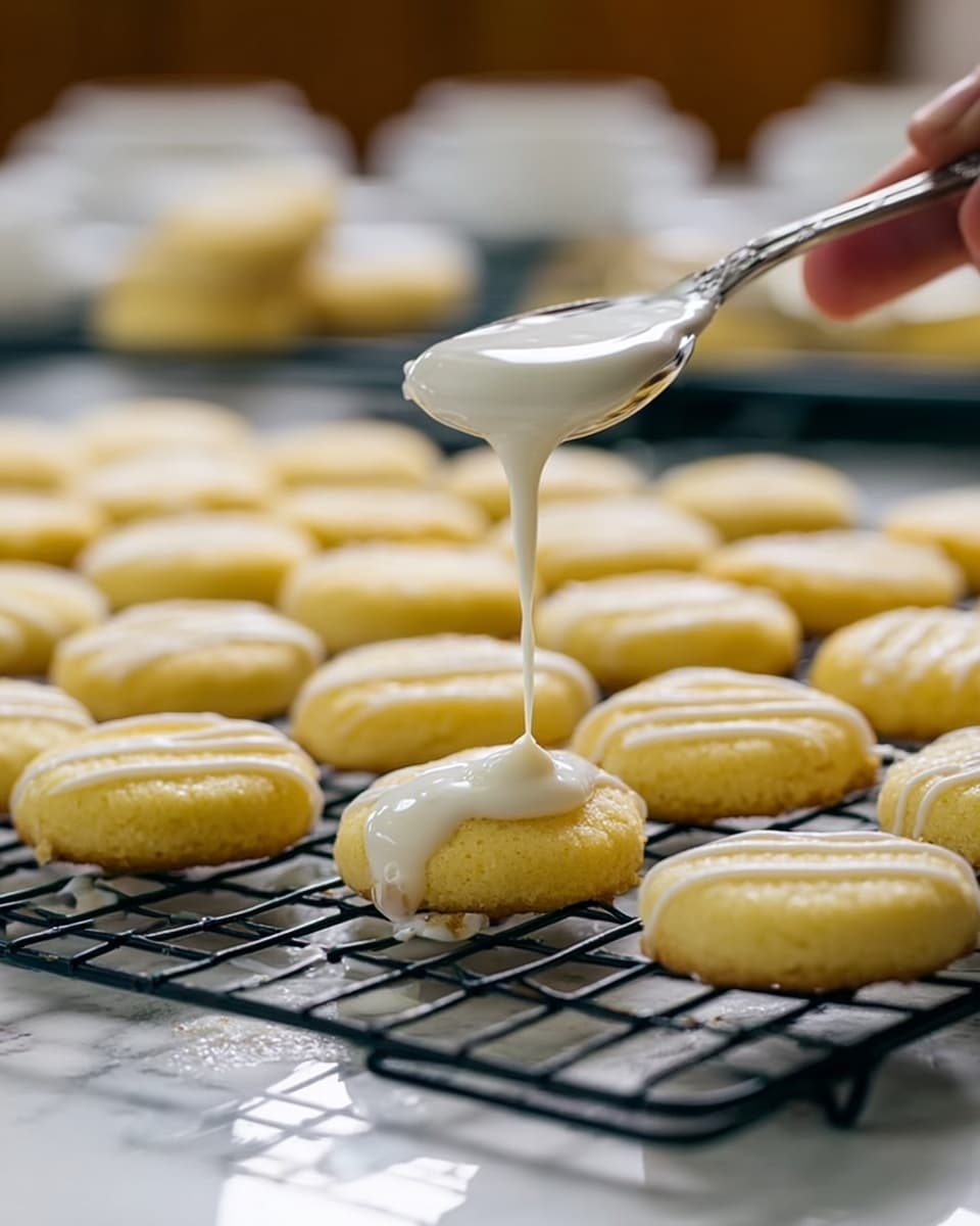 The image shows many small round yellow cookies placed in rows on a black wire cooling rack. One cookie in the center has white icing being poured over it from a silver spoon held by a woman's hand just above. The background is softly blurred, with shapes hinting at a kitchen setting. The surface beneath the rack is a white marbled texture. Photo taken with an iphone --ar 4:5 --v 7