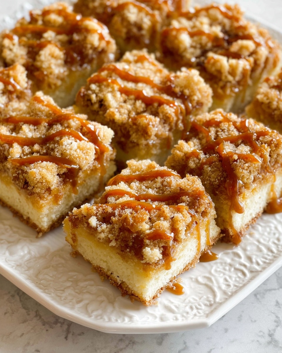 The image shows a white plate with a decorative edge filled with square pieces of crumb cake. Each piece has three layers: a light yellow, soft-looking base, a crumbly, golden-brown topping with a coarse texture, and caramel drizzled over the top in thin, uneven lines. The crumb layer looks crunchy and rough with small clusters, while the caramel adds a shiny, sticky contrast. The white marbled surface underneath enhances the warm colors of the dessert. photo taken with an iphone --ar 4:5 --v 7
