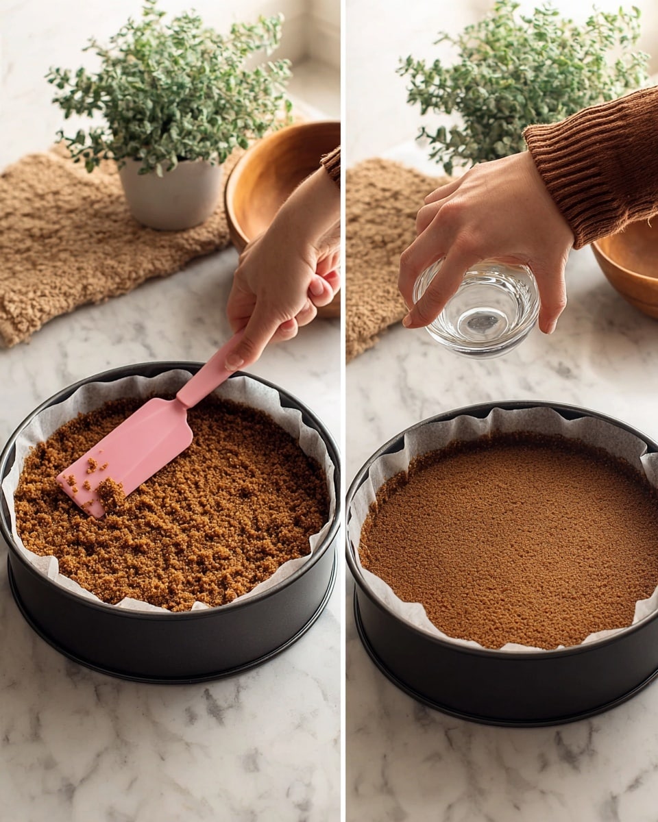The image shows two views of a dark crumb crust being made inside a black springform pan lined with white parchment paper, placed on a white marbled surface. The crumb layer is thick and coarse, with a rich brown color. In the left side image, a woman's hand with a brown sleeve holds a pink spatula, pressing the crumbs into the pan. The right side image shows a woman's hand pressing the sides of the crumb crust using a clear glass, smoothing the brown crumb layer evenly against the pan walls. In the background, there is a green trailing plant and wooden bowls. Photo taken with an iphone --ar 4:5 --v 7
