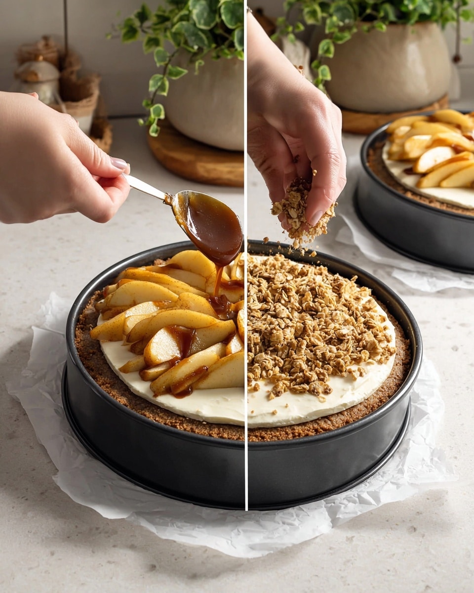The image shows a two-step view of a dessert being prepared in a black round springform pan placed on white parchment paper, all on a white marbled surface. The dessert has three visible layers: the bottom layer is a crumbly brown crust pressed up the sides of the pan, the middle layer is a smooth, creamy white filling, and the top layer consists of soft, golden-brown apple slices arranged across the filling. In the left side, a woman's hand is spooning a dark caramel-like sauce over the apple slices. On the right side, the same woman's hand is sprinkling a light brown crumb topping made of oats and small clumps evenly on top of the apples. In the background, there are neutral-toned pottery and green hanging plants. Photo taken with an iphone --ar 4:5 --v 7