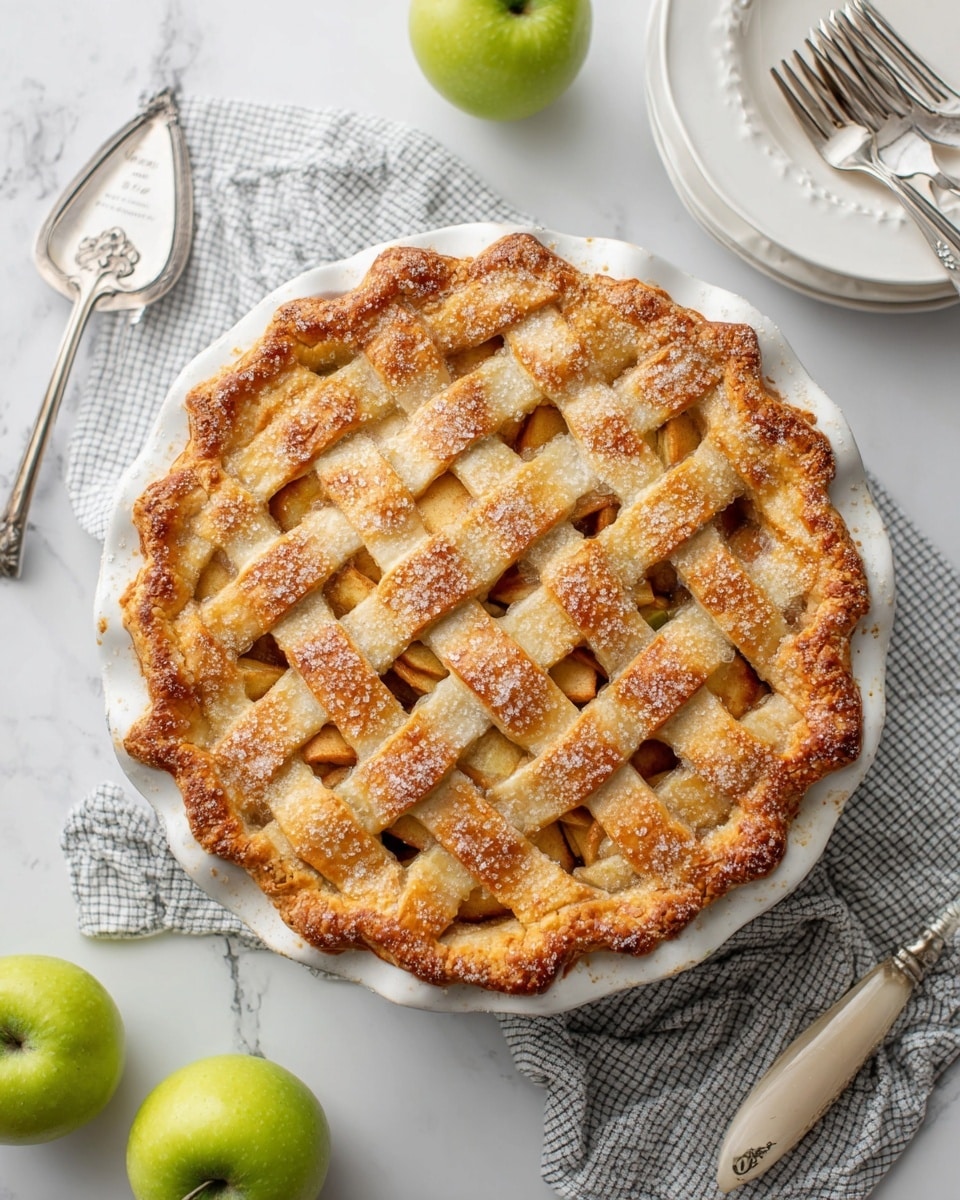 The image shows a freshly baked apple pie with a lattice crust in a white ceramic dish. The crust is golden brown with a sprinkle of coarse sugar on top that adds texture and sparkle. The lattice design reveals some of the soft, cooked apple filling beneath, which is a light golden color. The edges of the crust are crimped and slightly crisp. The pie sits on a white marbled surface with a grey and white checkered cloth underneath the dish. Around the dish are four green apples, a vintage silver pie server, and a white plate with forks stacked on it. The scene is bright and clean, highlighting the warm, inviting pie. photo taken with an iphone --ar 4:5 --v 7