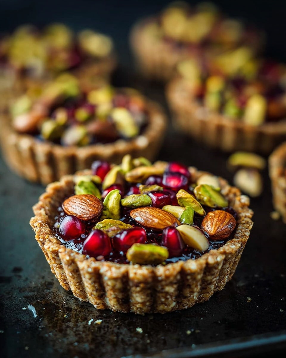 The image shows several small tarts on a dark, slightly shiny surface, each with a crumbly light brown crust forming a ridged edge. Inside each tart is a thick dark layer that looks sticky or jam-like. On top of that layer sit a mix of shiny green pistachios, red pomegranate seeds, and whole brown almonds, scattered evenly to cover the top. The focus is on the nearest tart, with the others softly blurred in the background. The lighting highlights the nuts’ glossy textures and the rough crunchy crust. Photo taken with an iphone --ar 4:5 --v 7