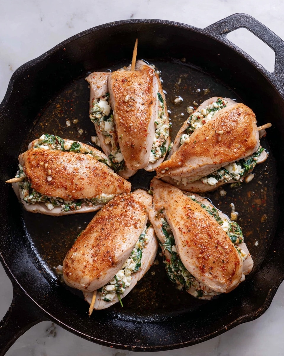 A black cast iron skillet holds four chicken breasts arranged in a circle, each stuffed with a green and white filling made of chopped spinach and crumbled cheese, visible in the center where each piece is folded and sealed with toothpicks. The chicken breasts are light pink with a layer of reddish-brown seasoning powder on top, giving a textured look. The skillet rests on a white marbled surface, and the oil inside the pan gives some parts of the chicken a shiny appearance. Photo taken with an iphone --ar 4:5 --v 7