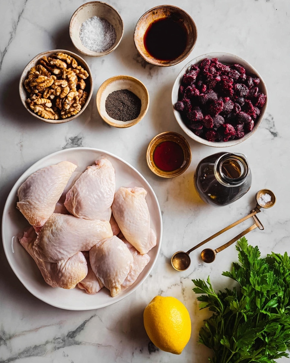 Several raw chicken pieces with pale pink skin are placed neatly on a white plate in the bottom left center of the image. To the right of the plate is a white bowl filled with frozen dark red berries. Above the chicken are small ceramic bowls each holding different spices and ingredients: one with walnuts, one with salt, another with black peppercorns, and a small ceramic bottle of dark liquid. Two measuring spoons, one filled with a dark brown liquid and the other with a reddish liquid, are also present. At the very bottom, half a lemon with a bright yellow rind sits on the white marbled surface. Fresh green parsley fills the upper right corner. The photo taken with an iphone --ar 4:5 --v 7