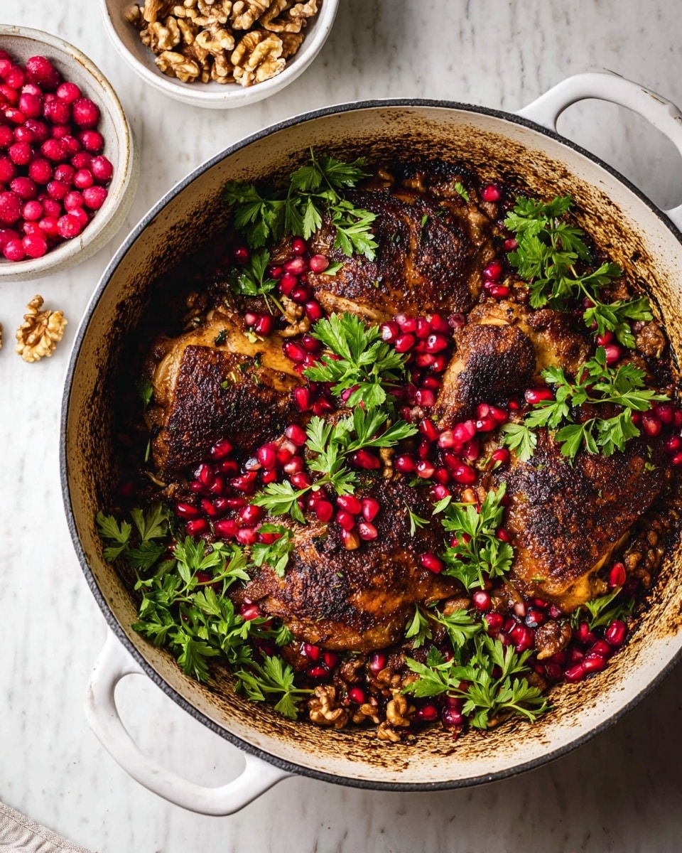 A round white cast iron pot filled with several pieces of dark brown cooked chicken layered on the bottom, topped with bright red pomegranate seeds scattered evenly across the surface. Fresh green parsley leaves are spread over the chicken and pomegranate, adding a pop of color. Around the pot on the white marbled surface, there is a white bowl with frozen red berries on the left and a small dish of walnuts at the top. The pot shows some browning and use marks inside, enhancing the rustic look photo taken with an iphone --ar 4:5 --v 7