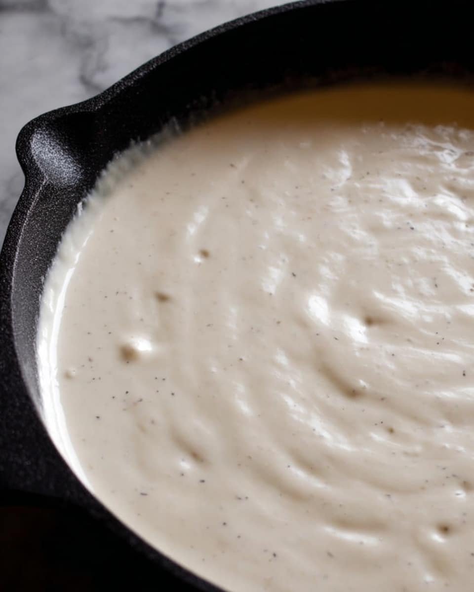 A close-up view of a thick, creamy white sauce with small black specks gently bubbling in a black textured pan. The sauce has a smooth, slightly glossy surface with visible air pockets forming on top, showing a soft, velvety texture. The pan’s rough edges add contrast to the smooth sauce inside. The background shows a white marbled texture with soft light highlights. Photo taken with an iphone --ar 4:5 --v 7