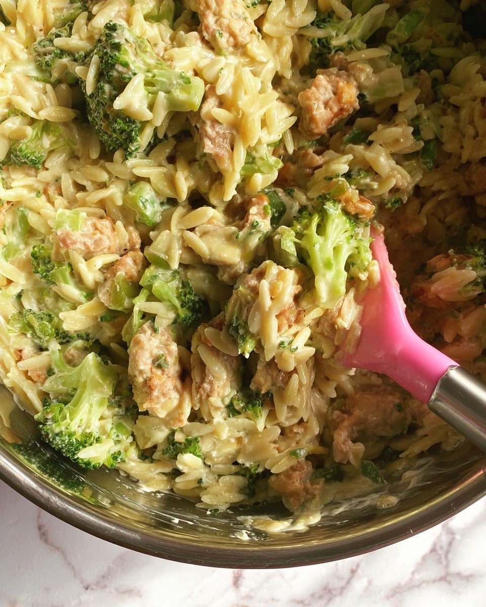 The image shows a close-up of a creamy dish with three main layers mixed together: small green broccoli florets, light golden brown cooked pieces of meat, and soft yellowish orzo pasta. The creamy sauce lightly coats the ingredients, giving them a shiny appearance. A pink spatula with a silver handle is partially visible, stirring the mixture, which sits against a white marbled background. The textures of the broccoli are slightly rough, the meat looks tender with some browning, and the pasta is smooth and small. photo taken with an iphone --ar 4:5 --v 7