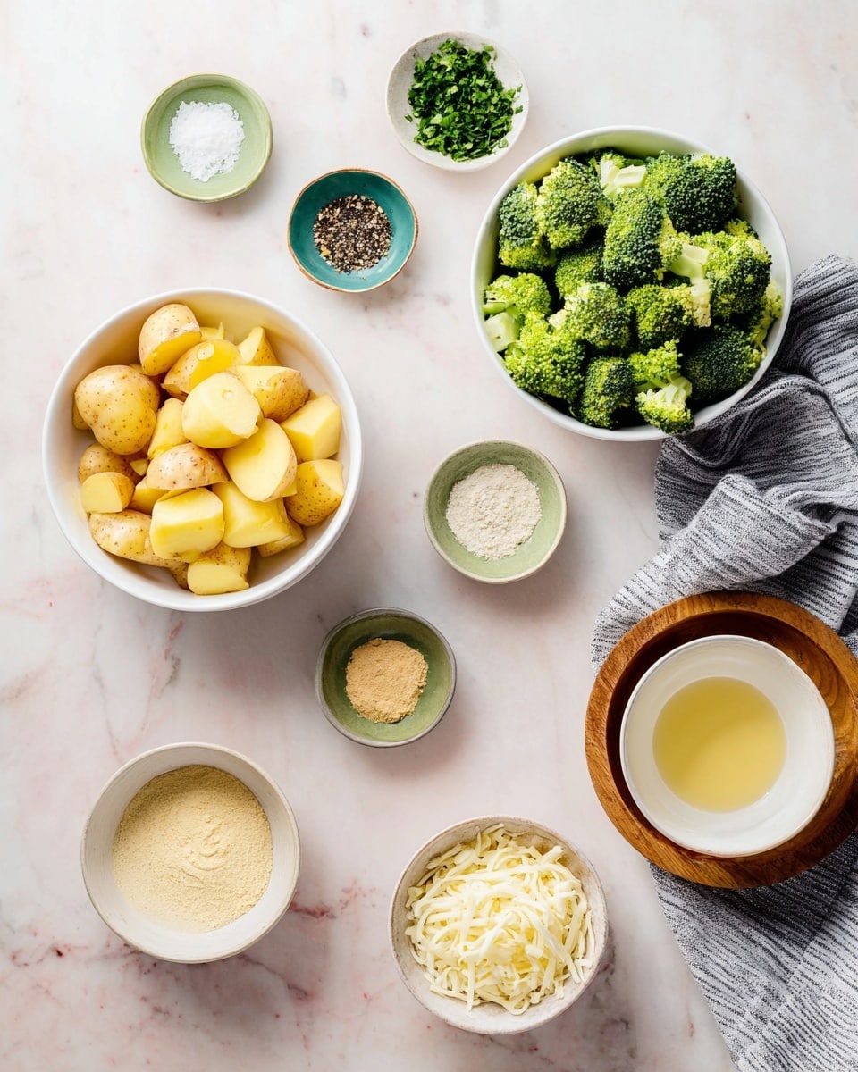 The image shows a top view of various cooking ingredients arranged on a white marbled surface. On the left, there are two white bowls, one filled with small cut yellow potatoes and the other filled with green broccoli florets. Around these bowls, there are small bowls and dishes holding different ingredients: chopped green herbs in a small white bowl at the top, coarse white salt in a green bowl, black pepper in a white dish, light yellow powder in a small green bowl, a light beige powder in a brown bowl, and a wooden bowl filled with shredded white cheese. To the right, there is a white bowl with a light yellow liquid. A grey striped cloth is placed near the bowl with broccoli. The layout is clean and bright, making the colors of the ingredients stand out. photo taken with an iphone --ar 4:5 --v 7