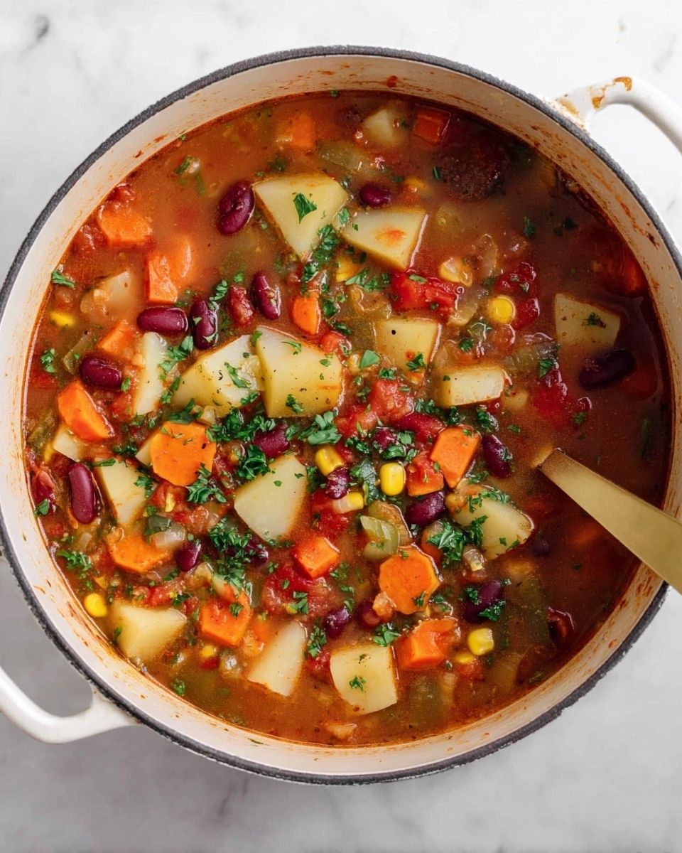 A white pot filled with thick vegetable soup resting on a white marbled surface. The soup has three main layers: the base layer is a rich, red tomato broth mixed with herbs, the middle layer contains white potato cubes and bright orange carrot slices, and the top layer is scattered with dark red kidney beans, small yellow corn kernels, and fresh green parsley pieces. A gold spoon is partially submerged on the right side of the pot. The soup looks warm, chunky, and colorful. photo taken with an iphone --ar 4:5 --v 7