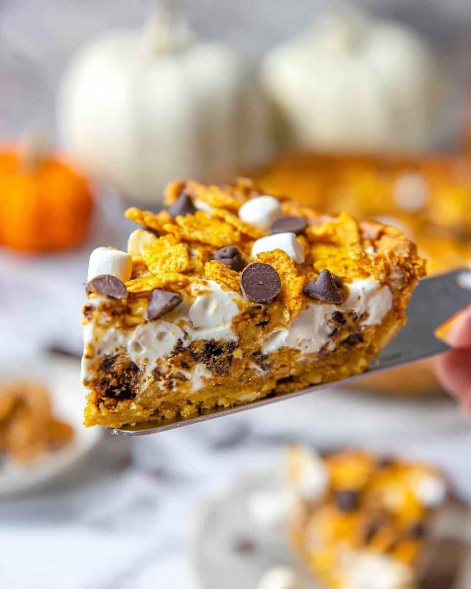 A single slice of thick, golden-brown cookie pie is shown held by a woman's hand holding a metal spatula. The slice has visible layers including a slightly crunchy golden crust at the bottom, a soft interior filled with melted white marshmallows and scattered dark chocolate chips creating a mix of cream and dark spots, and a top layer with crunchy cereal pieces adding texture and a bright golden yellow color. The slice is held over a blurred white marbled surface with out-of-focus bowls and whole white pumpkins in the background. photo taken with an iphone --ar 4:5 --v 7