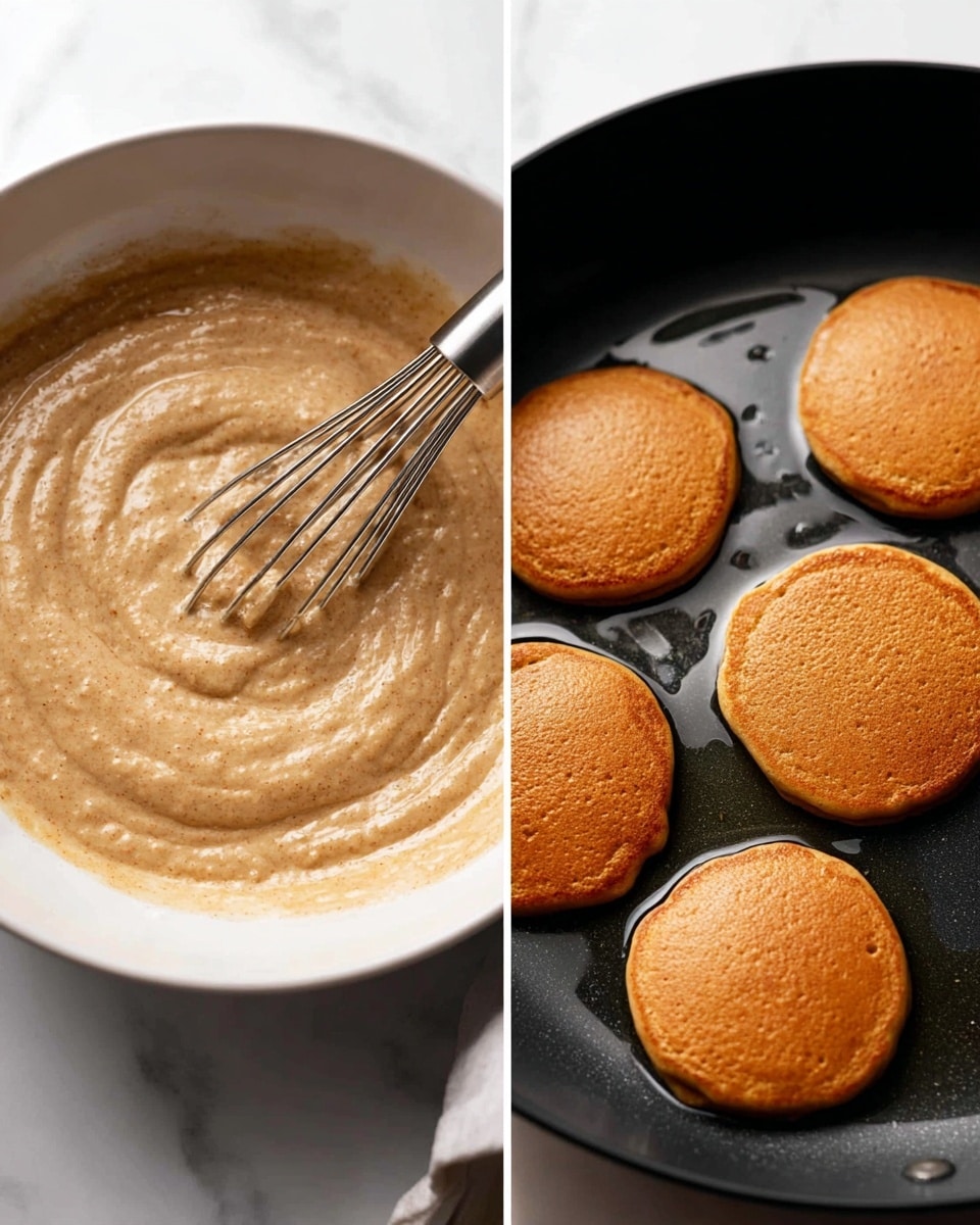 The image shows two scenes side by side. On the left, there is a white bowl filled with a thick, light brown batter that has a slightly coarse texture, being stirred by a metal whisk, the batter swirls around it. On the right, four small, round pancakes with a smooth surface and light brown color are cooking in a black pan with small droplets of oil around them on a white marbled surface. Photo taken with an iphone --ar 4:5 --v 7