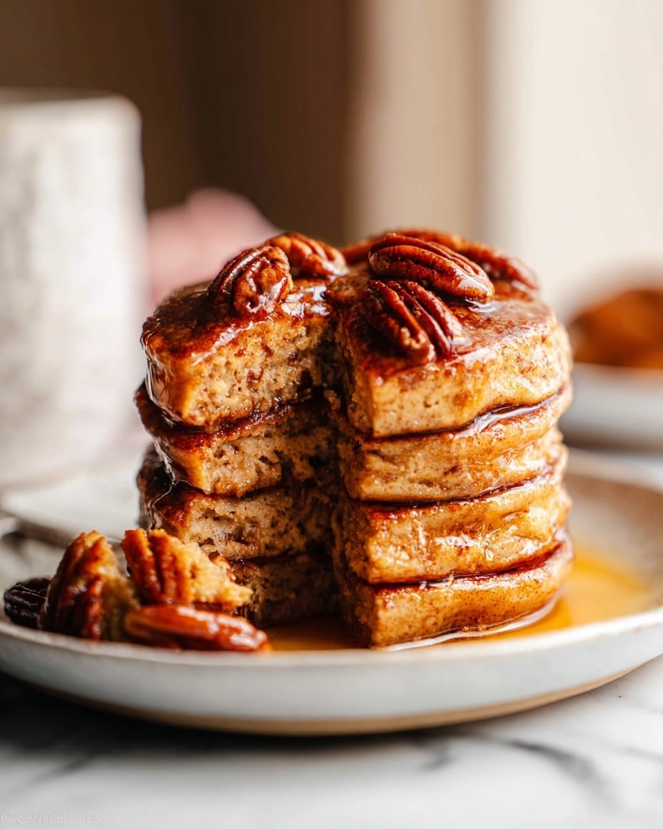 A stack of six thick, golden-brown pancakes sits on a white plate on a white marbled surface. The pancakes have a slightly rough, fluffy texture on the sides, showing a warm, light brown color with darker specks. On top, several glossy pecan halves are scattered, coated with shiny syrup that drips down the sides of the pancakes, making the stack look moist and rich. A piece of pancake is missing from the side, revealing the soft inside of the pancakes. The background is softly blurred, with warm light adding depth to the image. photo taken with an iphone --ar 4:5 --v 7