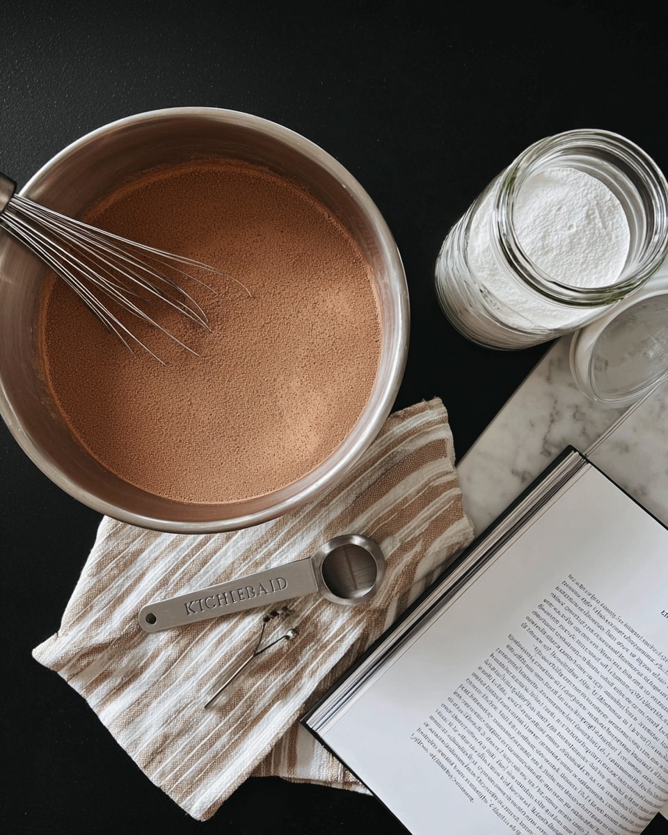 A large silver mixing bowl filled with a smooth layer of light brown cocoa powder, with a metal whisk resting inside. Next to the bowl is a glass jar filled with white powder, covered by a glass lid. A small white round container sits beside the jar on a beige and white striped cloth, with a metal measuring spoon labeled