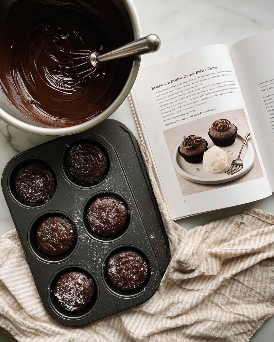 A dark grey metal muffin tray holds six cupcake molds filled with smooth, shiny dark chocolate batter, each mold having some flour dusted on the edges, showing soft and thick texture. To the upper left, a large stainless steel mixing bowl contains more chocolate batter, with a silver hand mixer resting inside, coated lightly with the batter. To the right of the tray is an open cookbook displaying a recipe titled