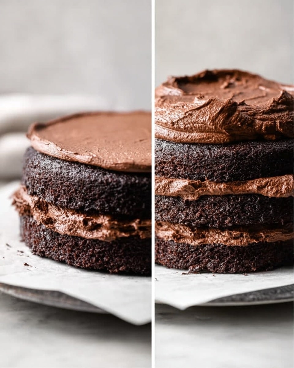 The image shows two views of a three-layer chocolate cake. Each layer is dark brown and thick, with a rough texture on top. The cake sits on white parchment paper atop a white marbled surface. The left side shows a close-up of the bottom layer with a large dollop of creamy, slightly lighter brown chocolate frosting placed in the middle of the top surface. On the right side, the three layers are stacked, each separated by a spread of the same creamy chocolate frosting, thickly and unevenly spread, with extra frosting on top of the top layer. The background is simple and out of focus, keeping attention on the cake. Photo taken with an iphone --ar 4:5 --v 7