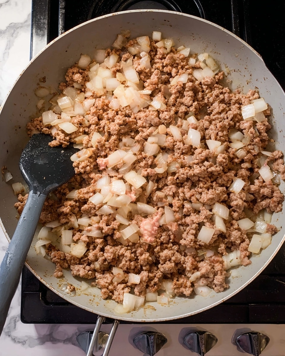A close-up view of browned ground meat mixed with diced white onions cooking in a light gray pan, with some pinkish raw meat still visible. The onions are scattered evenly throughout the meat, giving a mix of light off-white and brown colors. A black spatula rests inside the pan on the left side, partially submerged in the meat mixture. The pan is on a black stove with visible burner knobs. The surface beneath the pan has a white marbled texture. photo taken with an iphone --ar 4:5 --v 7